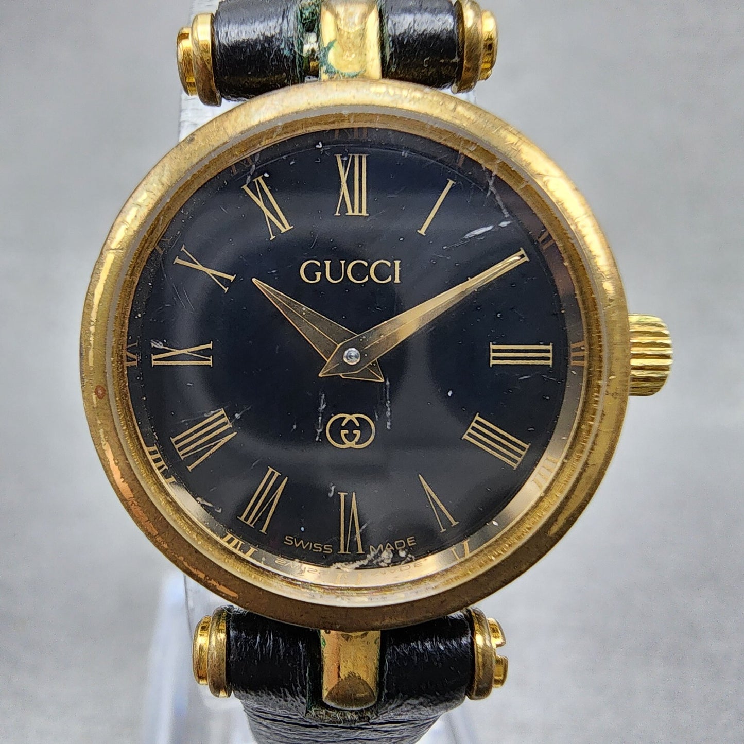 Gucci 2000L Watch Women 22mm Black Dial Gold Plated Round New Battery