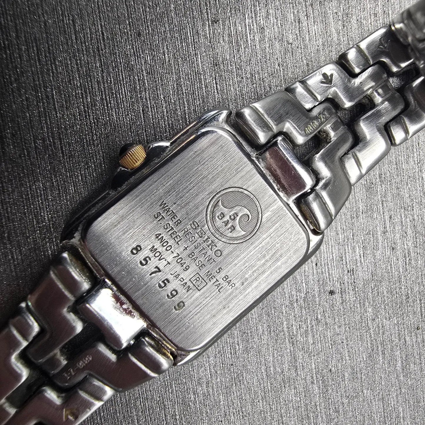 Seiko Watch Women 21mm White Dial Two Tone Rectangle 4N00-7049 New Battery VTG10