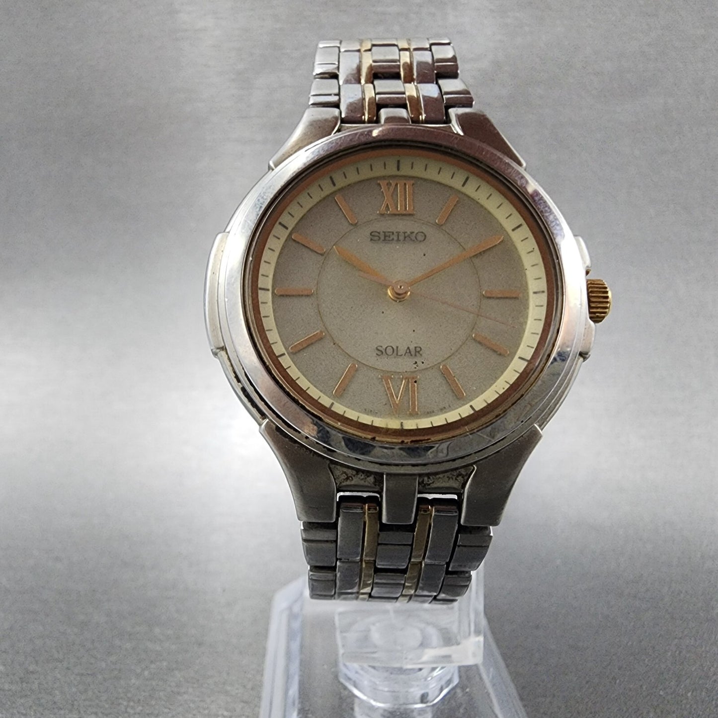 Seiko Solar Watch Men 35mm Champagne Dial Two Tone Round V181-0AK0 Runs