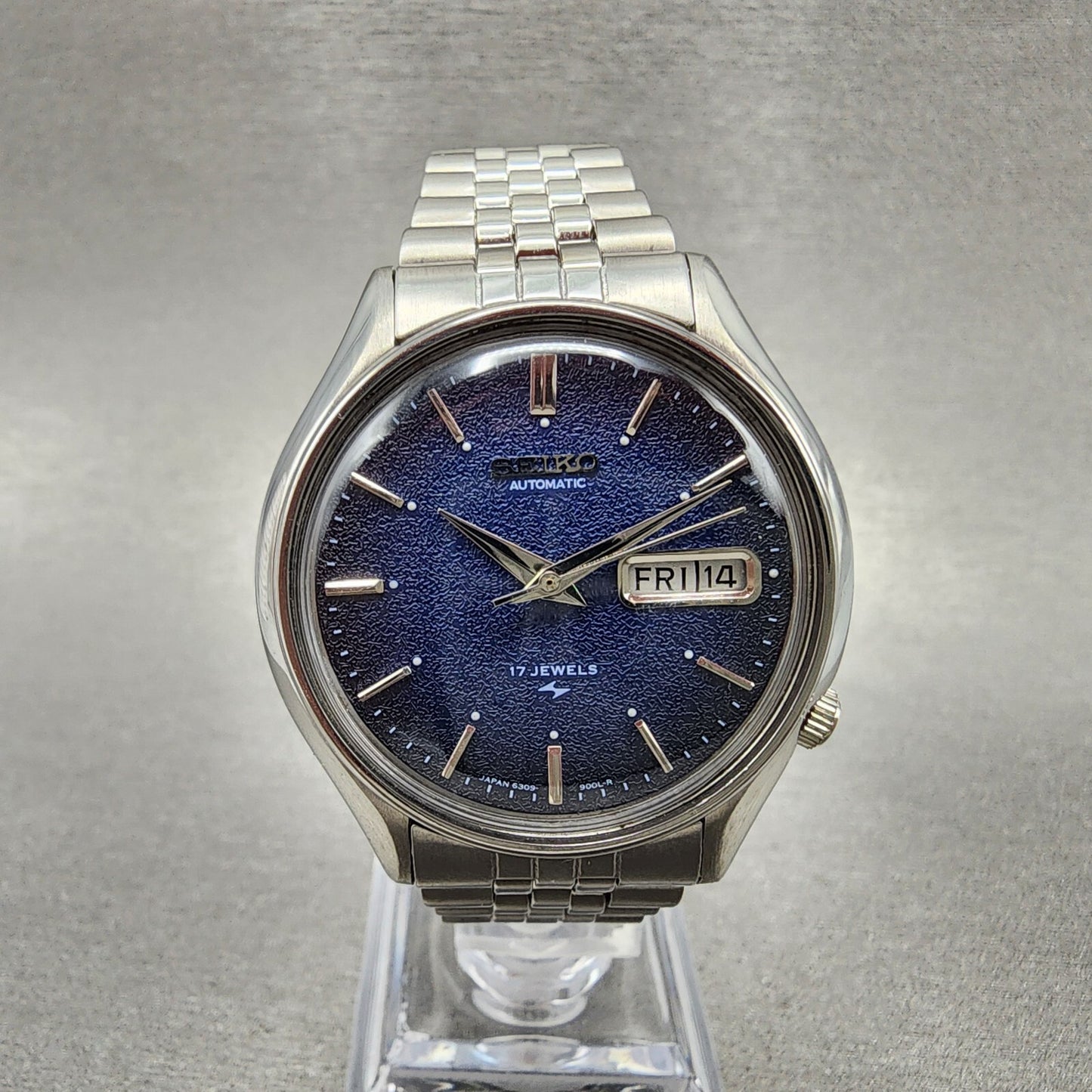 Seiko Automatic Watch Men 38mm Blue Texture Dial Steel Daydate 6309-601A Runs