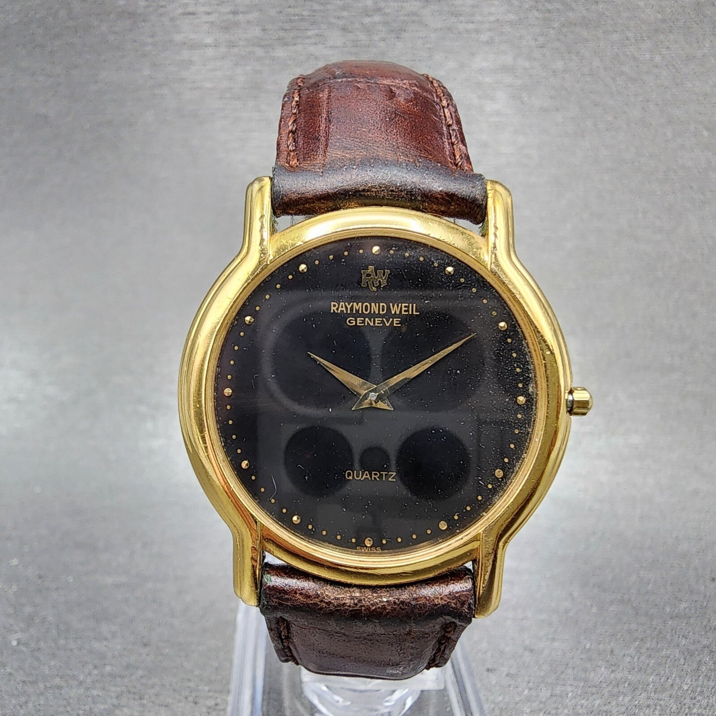 Raymond Weil Watch Men 32mm Black Dial Gold Plated Round 114 New Battery