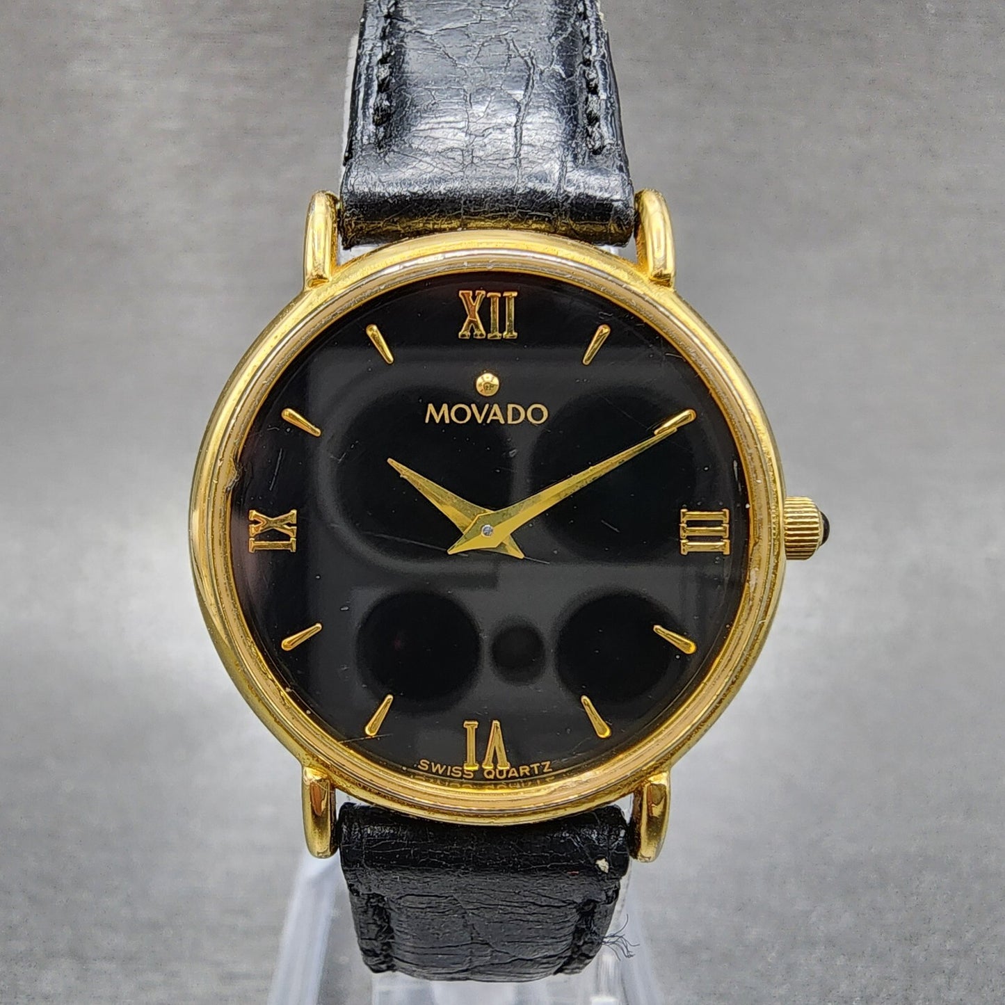 Movado Watch Women 28mm Black Dial Gold Tone Round 87.66.835 New Battery VTG