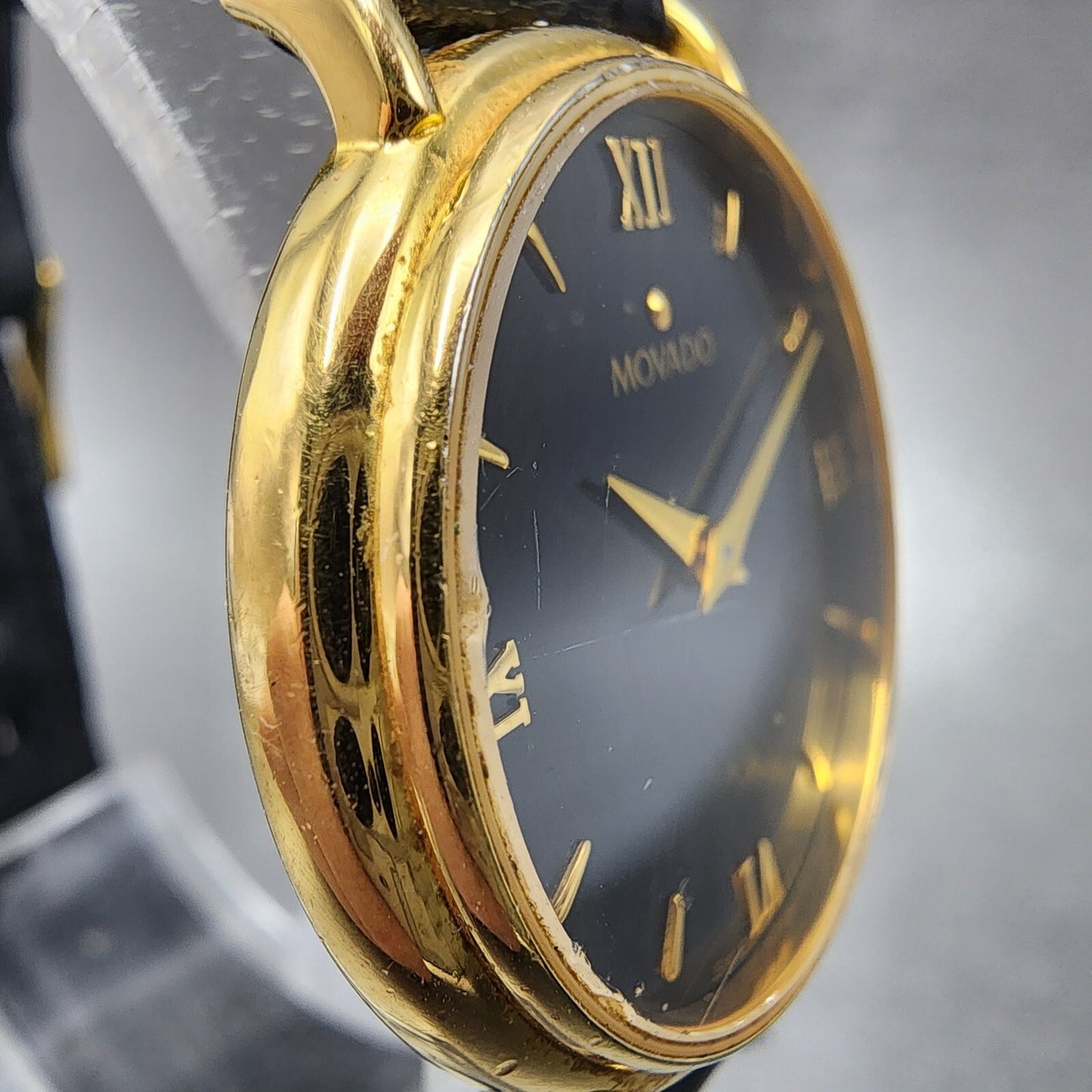 Movado Watch Women 28mm Black Dial Gold Tone Round 87.66.835 New Battery VTG