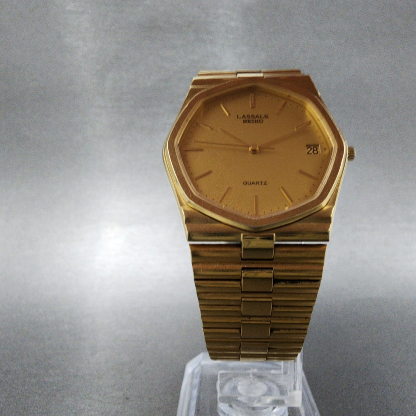 Seiko Lassale Watch Men 32mm Champagne Dial Gold Tone Date 7752-5019 New Battery
