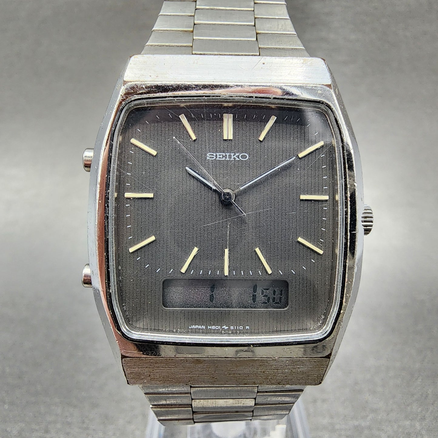 Seiko Analog Digital Watch Men 30mm Gray Dial Steel Rectangle H601-5060 New Batt