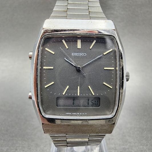 Seiko Analog Digital Watch Men 30mm Gray Dial Steel Rectangle H601-5060 New Batt