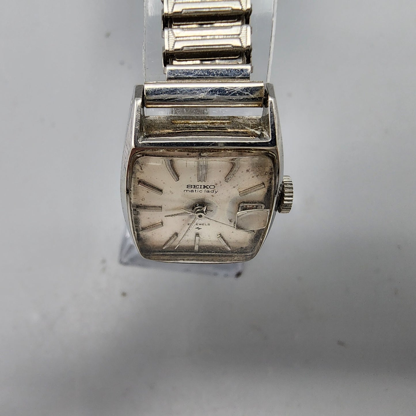 Vintage Seiko Matic lady Watch women Silver Tone White Dial Date21 Jewels Works