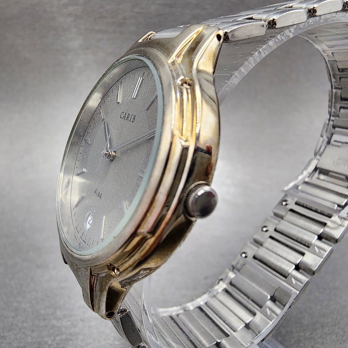 Seiko ALBA Carib Watch Men 35mm Gray Dial Silver Tone Round V742-8030 New Batt