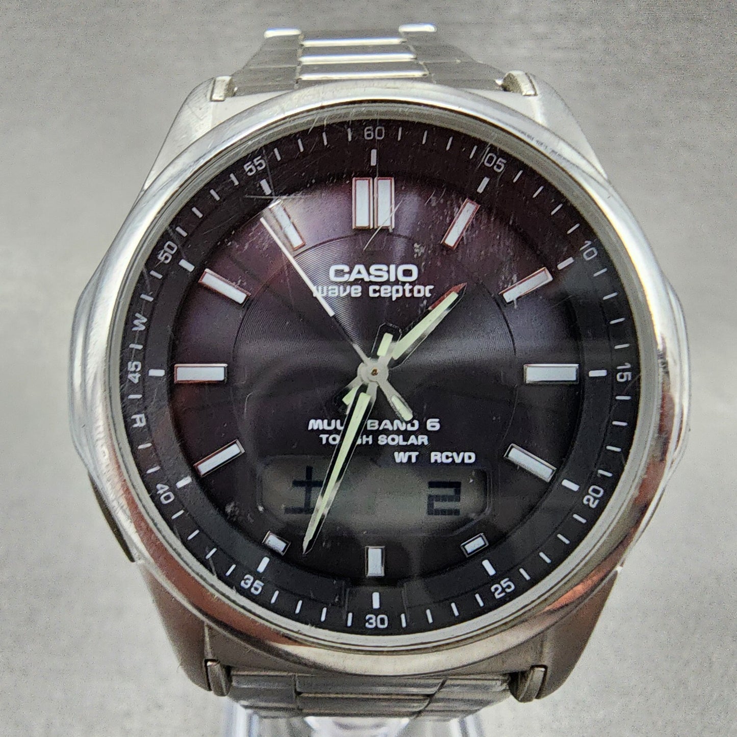 Casio Wave Ceptor Watch Men 42mm Black Dial Steel Analog Digital Solar Runs B12