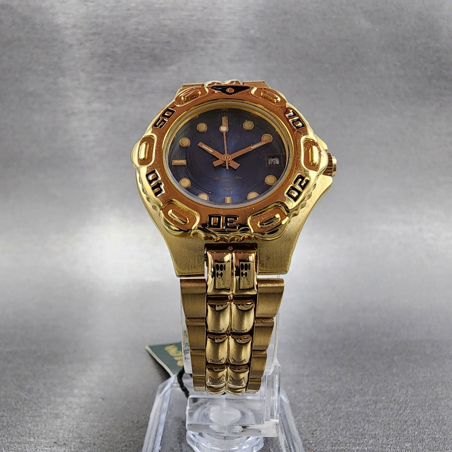 Bulova Marine Star Watch 28mm Blue Dial Gold Tone Date Round 97M31 New Batt NOS