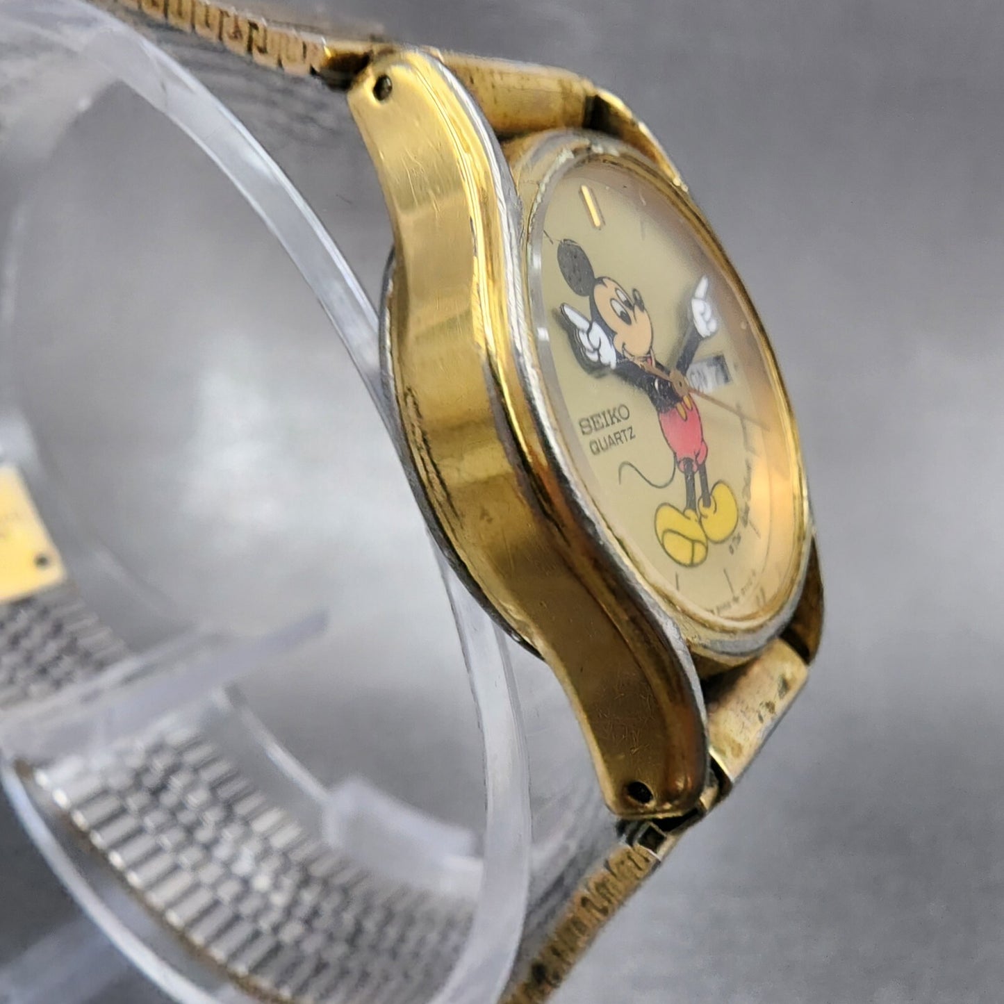VTG Seiko Mickey Mouse Watch Women 22mm Cream Dial Gold Tone Daydate New Battery