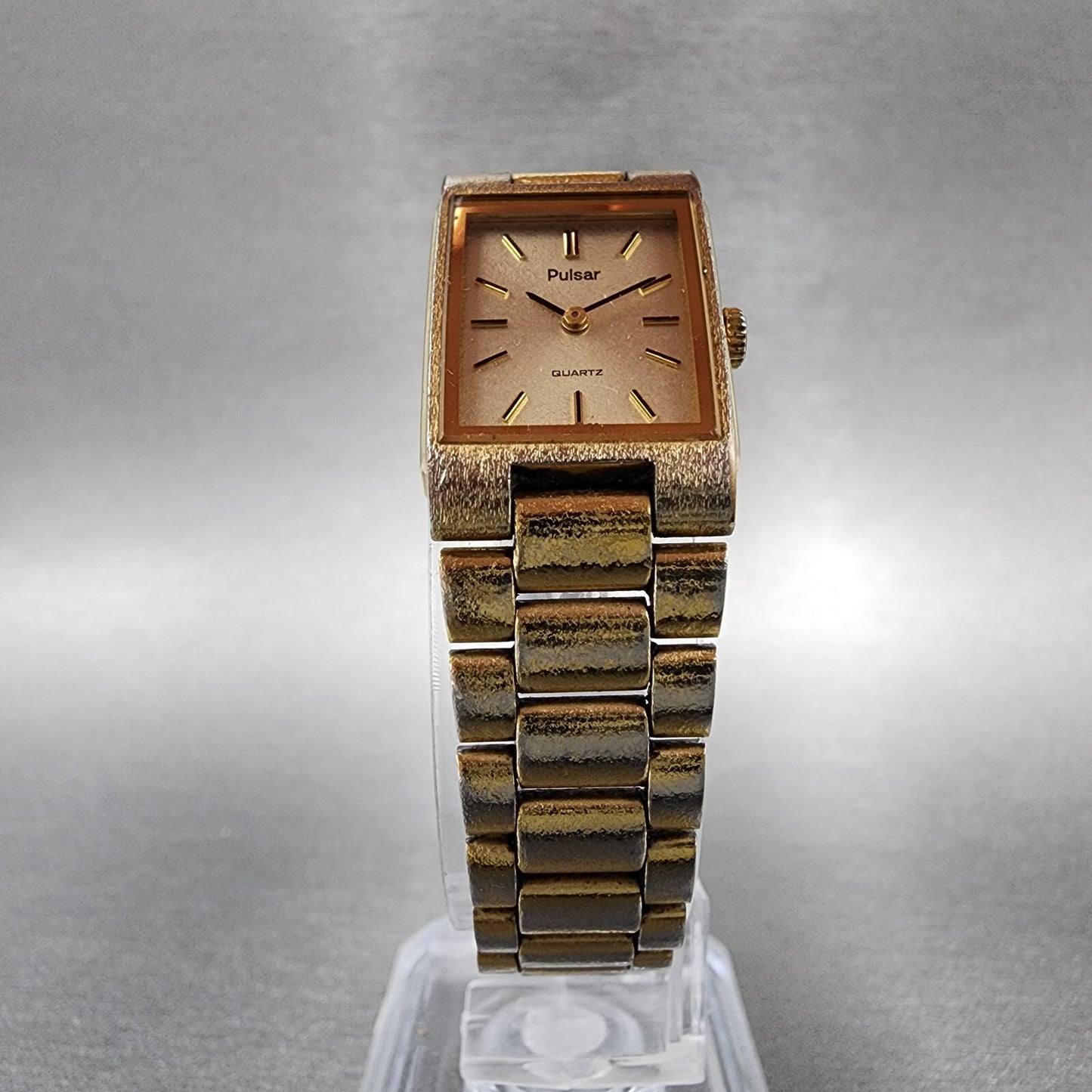 Pulsar Tank Watch Women 17mm Champagne Dial Gold Tone Rectangle New Battery