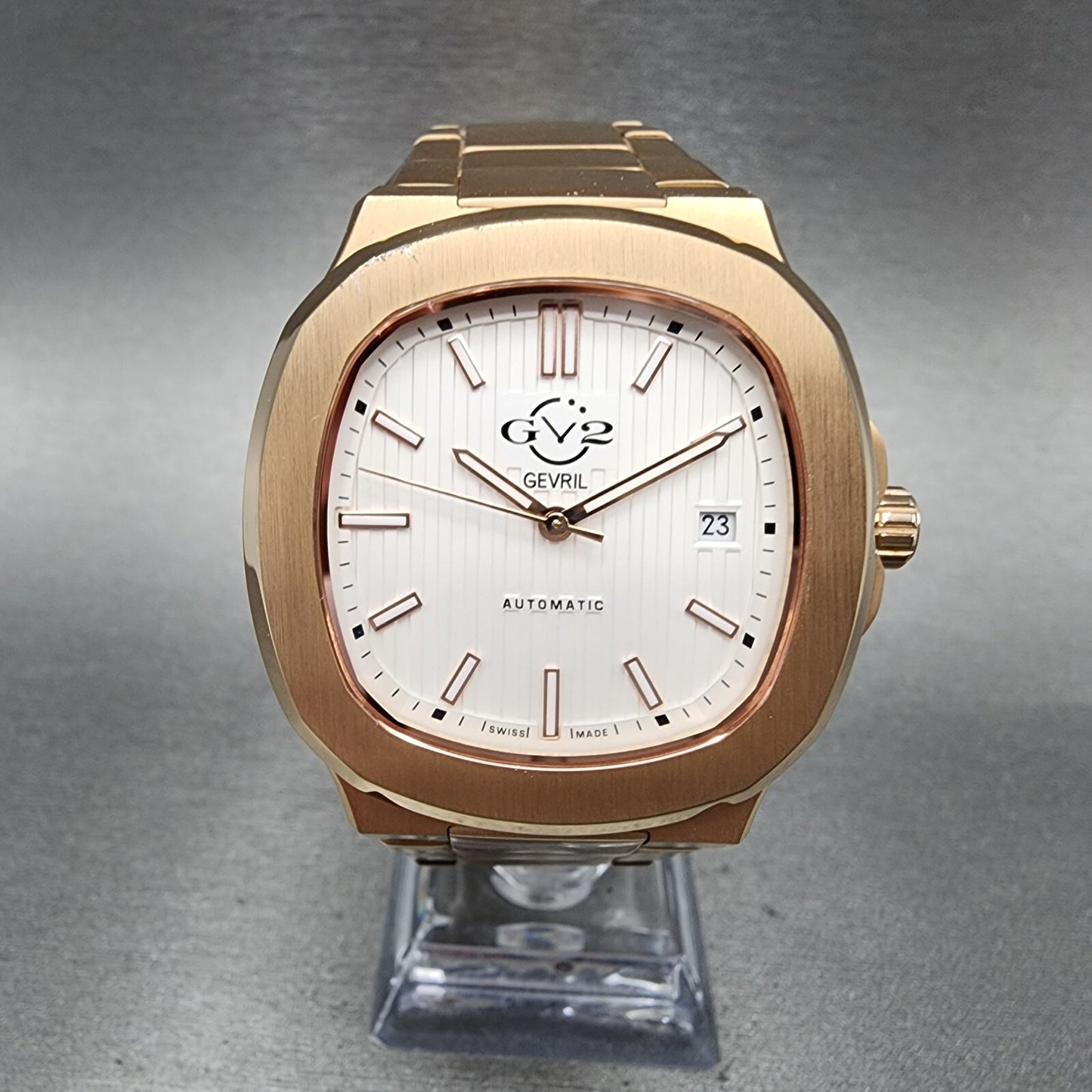 Gevril GV2 Potente Watch Men 39mm White Dial Rose Gold Tone Date Automatic 18102