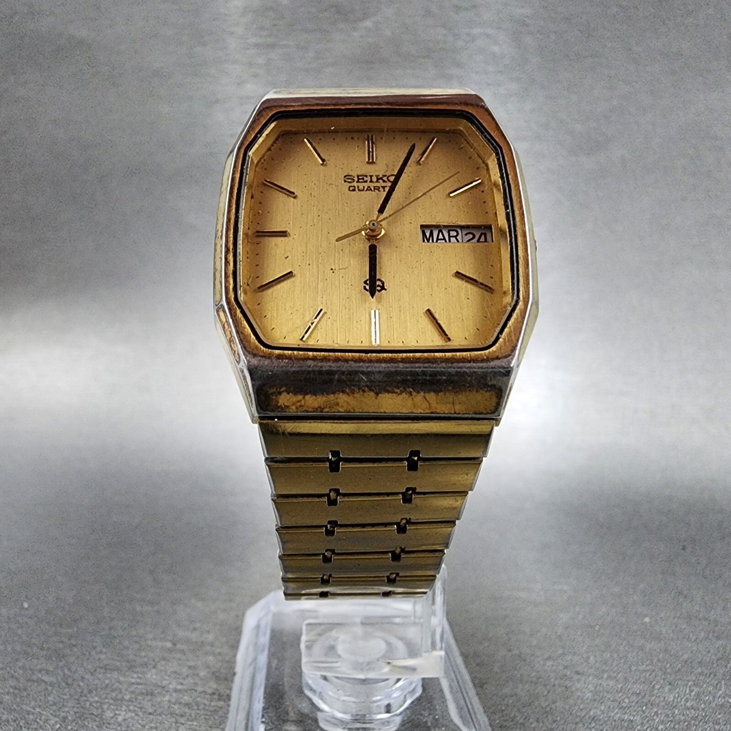 Seiko SQ Tank Watch Men 31mm Gold Dial Gold Tone Daydate 8123-5189 PARTS
