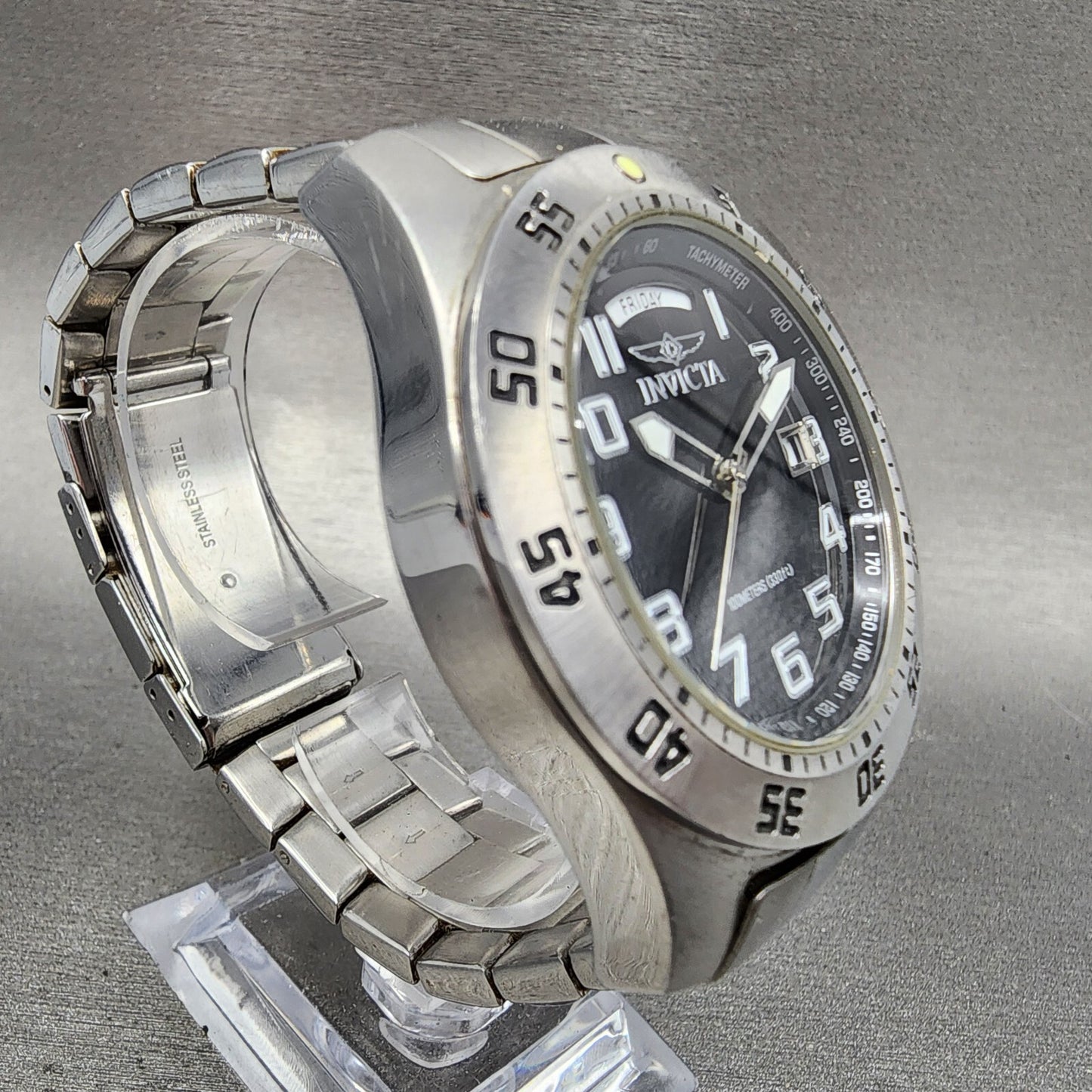 Invicta Watch Men 44mm Black Dial Silver Tone Daydate Round New Battery