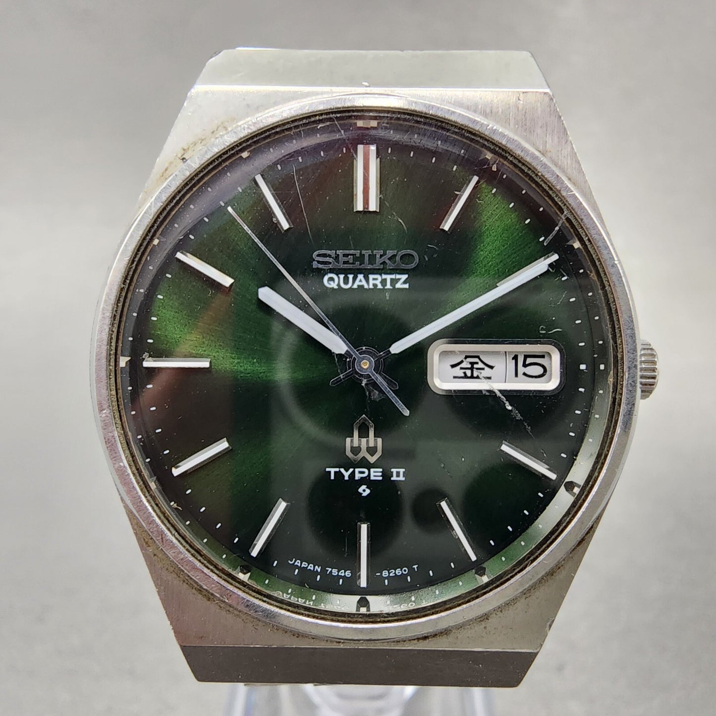 Seiko Type II Watch Men 36mm Green Dial Silver Tone Daydate 7546-8230 New Batt