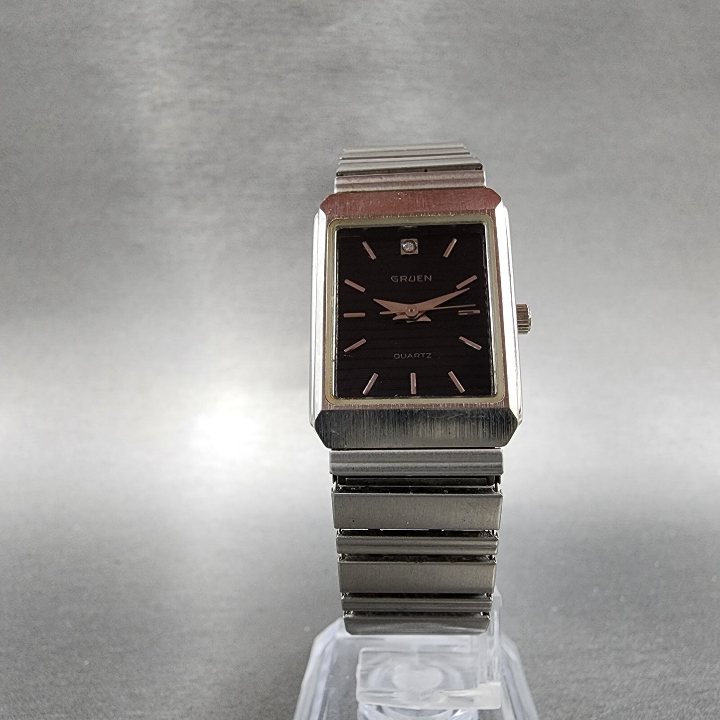 Gruen Tank Watch Women 20mm Black Dial Silver Tone Rectangle 227-2035 New Batt