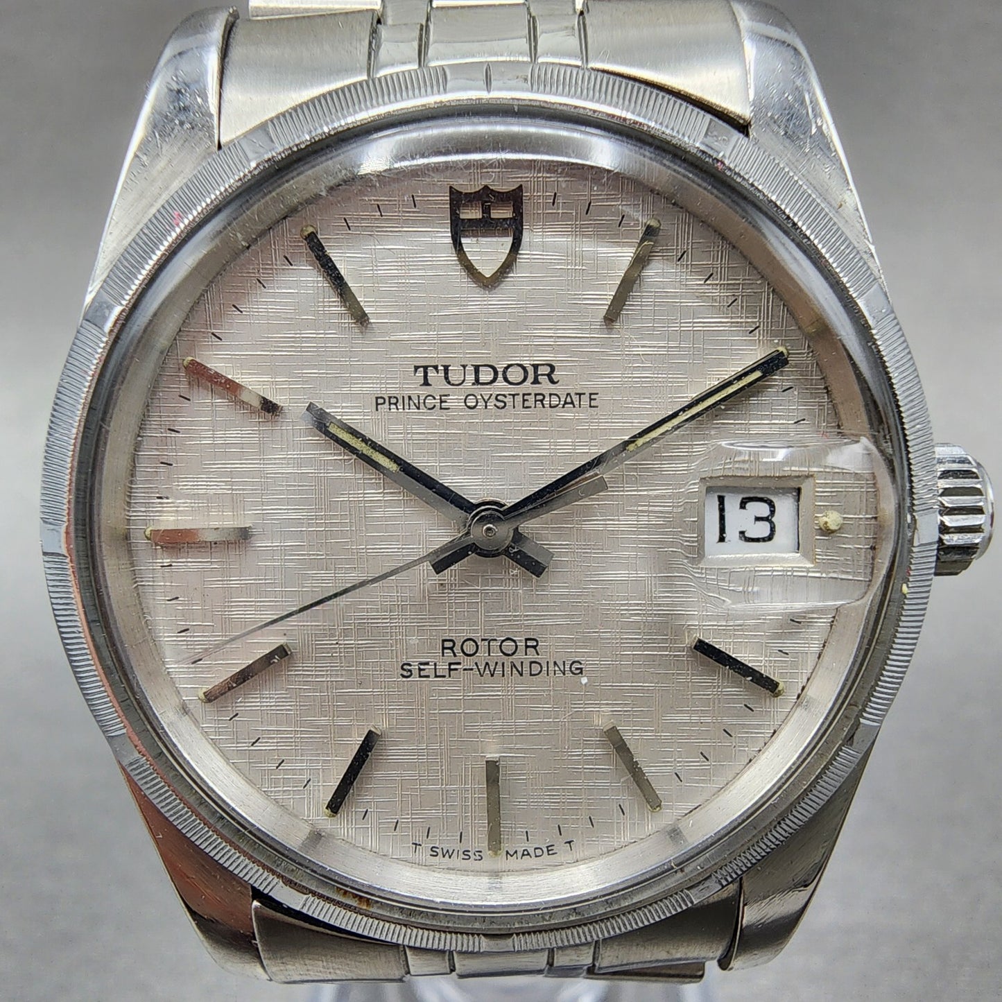 Tudor Prince Oysterdate Watch Men 35mm Linen Champagne Dial Steel Fluted Bezel
