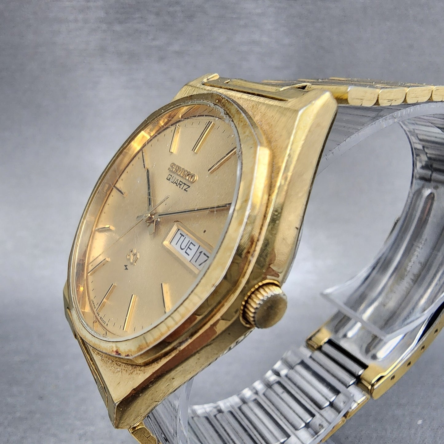 Seiko SQ Watch Men 36mm Gold Dial Gold Tone Daydate Round 7126-8009 New Battery