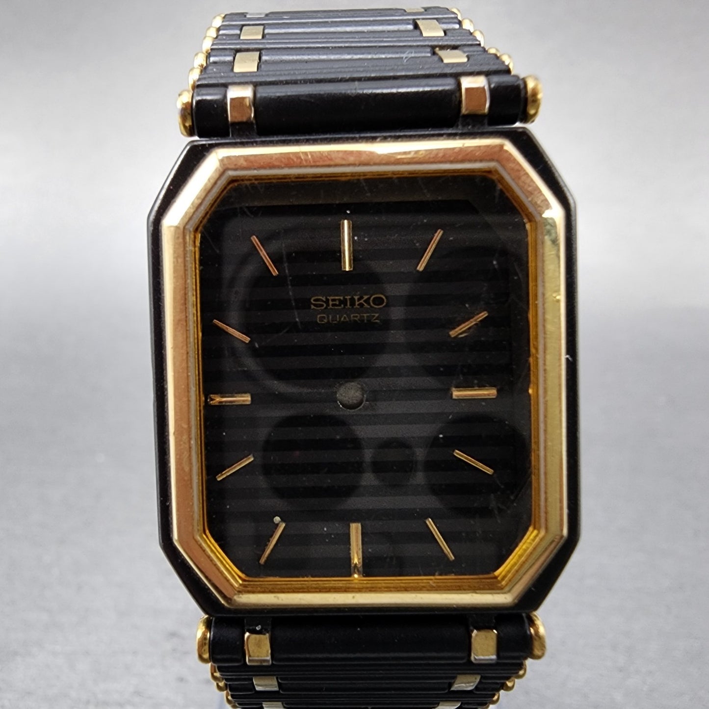 Seiko Tank Watch Men 24mm Black DIal Black & Gold Tone Octagon 7430-5810 PARTS