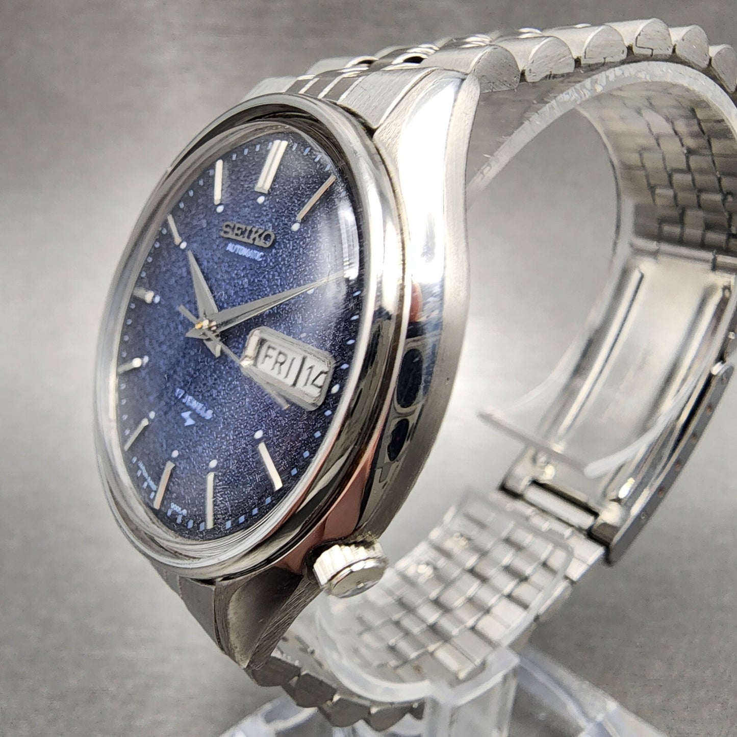 Seiko Automatic Watch Men 38mm Blue Texture Dial Steel Daydate 6309-601A Runs