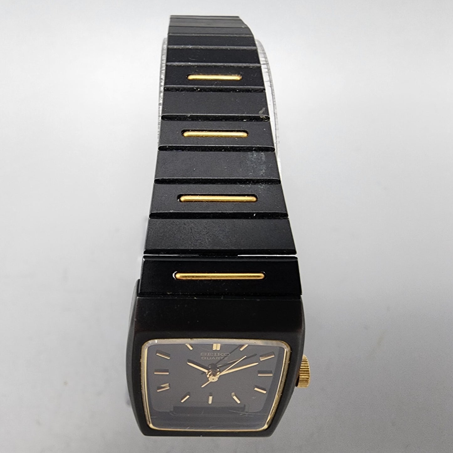 VTG Seiko Watch Women 22mm Analog Digital Black Gold Tone Rectangle New Battery