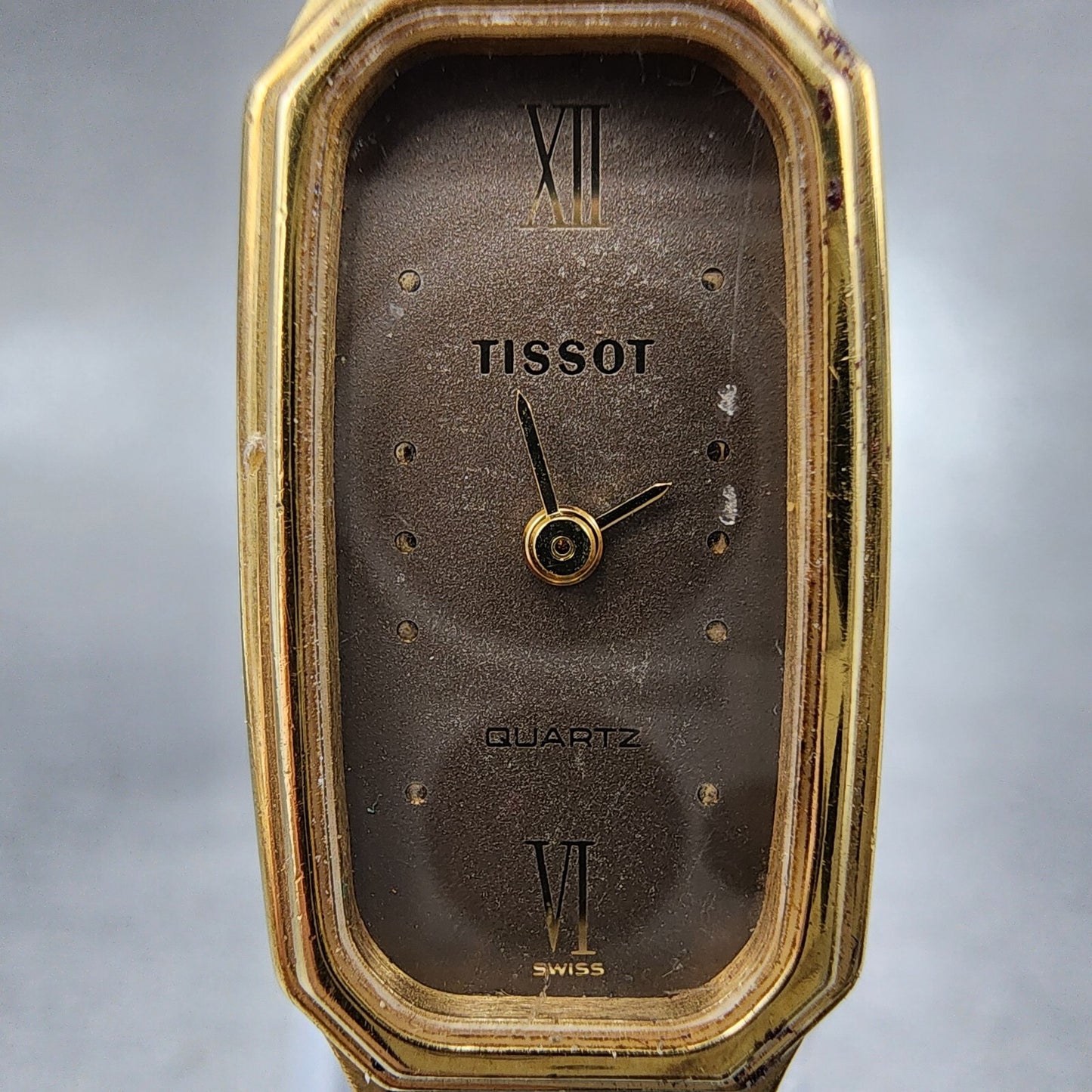 Tissot Tank Watch Women 14mm Brown Dial Gold Tone Octagon New Battery