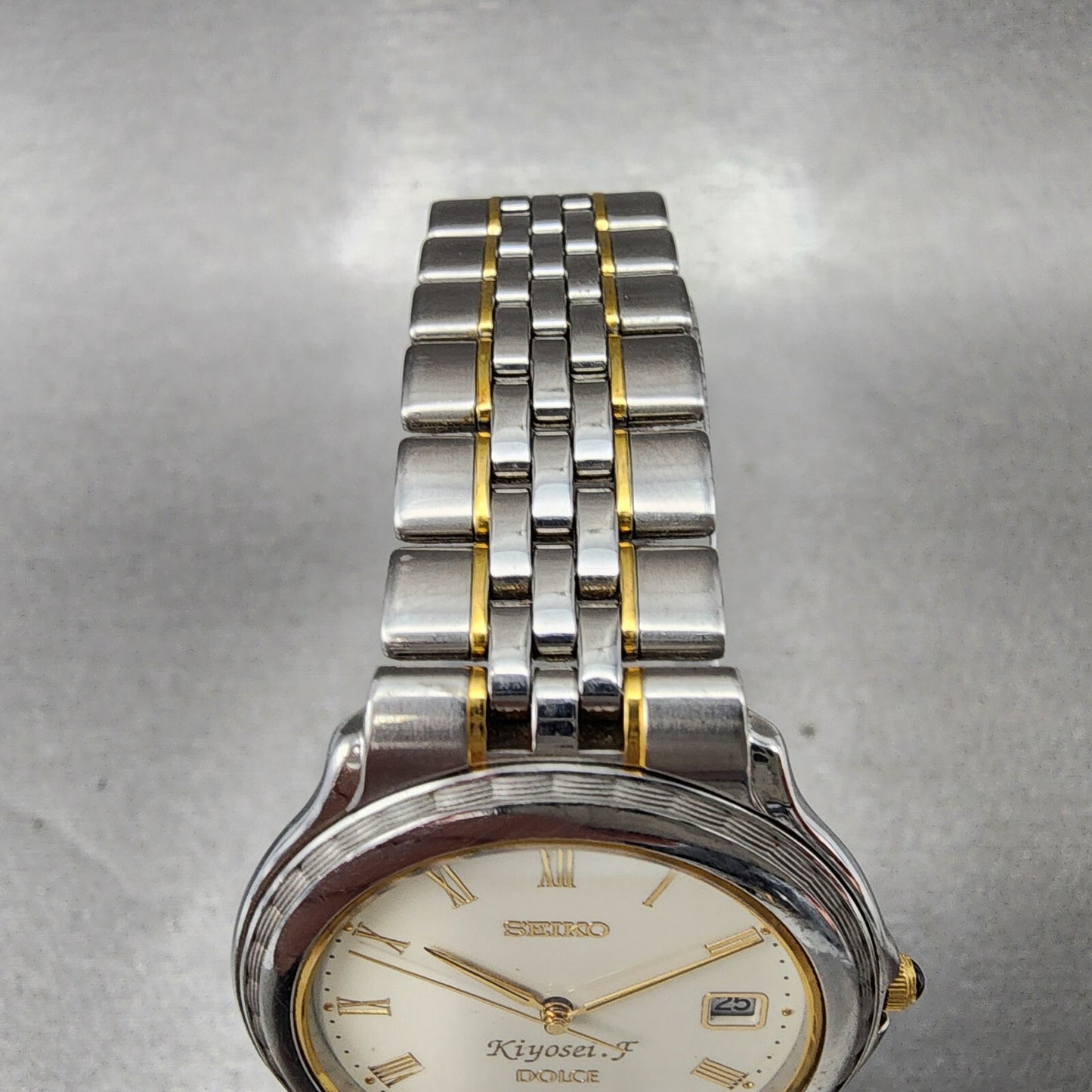 Seiko Dolce Watch Men 35mm White Dial Two Tone Round Date 5e32-6b00 New Battery