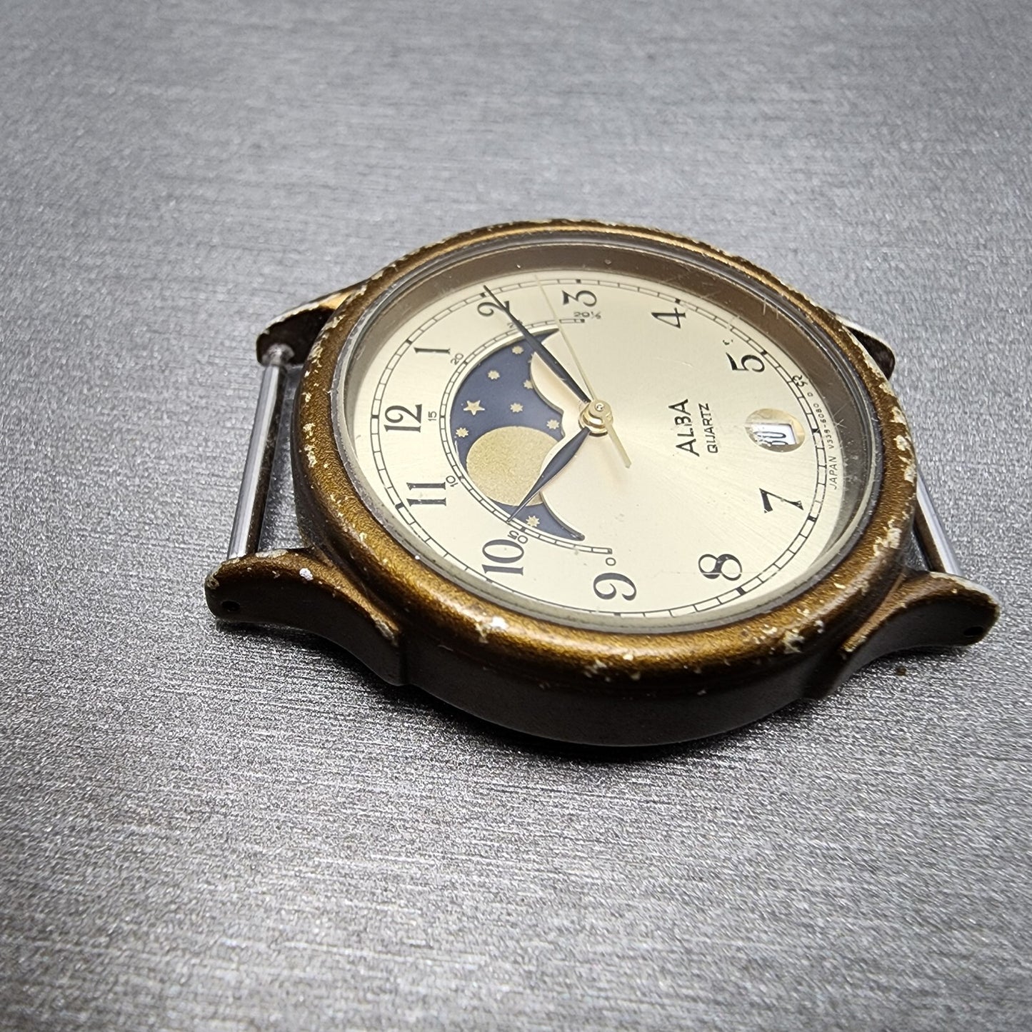 Seiko ALBA Moonphase Watch Men 31mm Champange Dial Bronze Tone Round New Battery