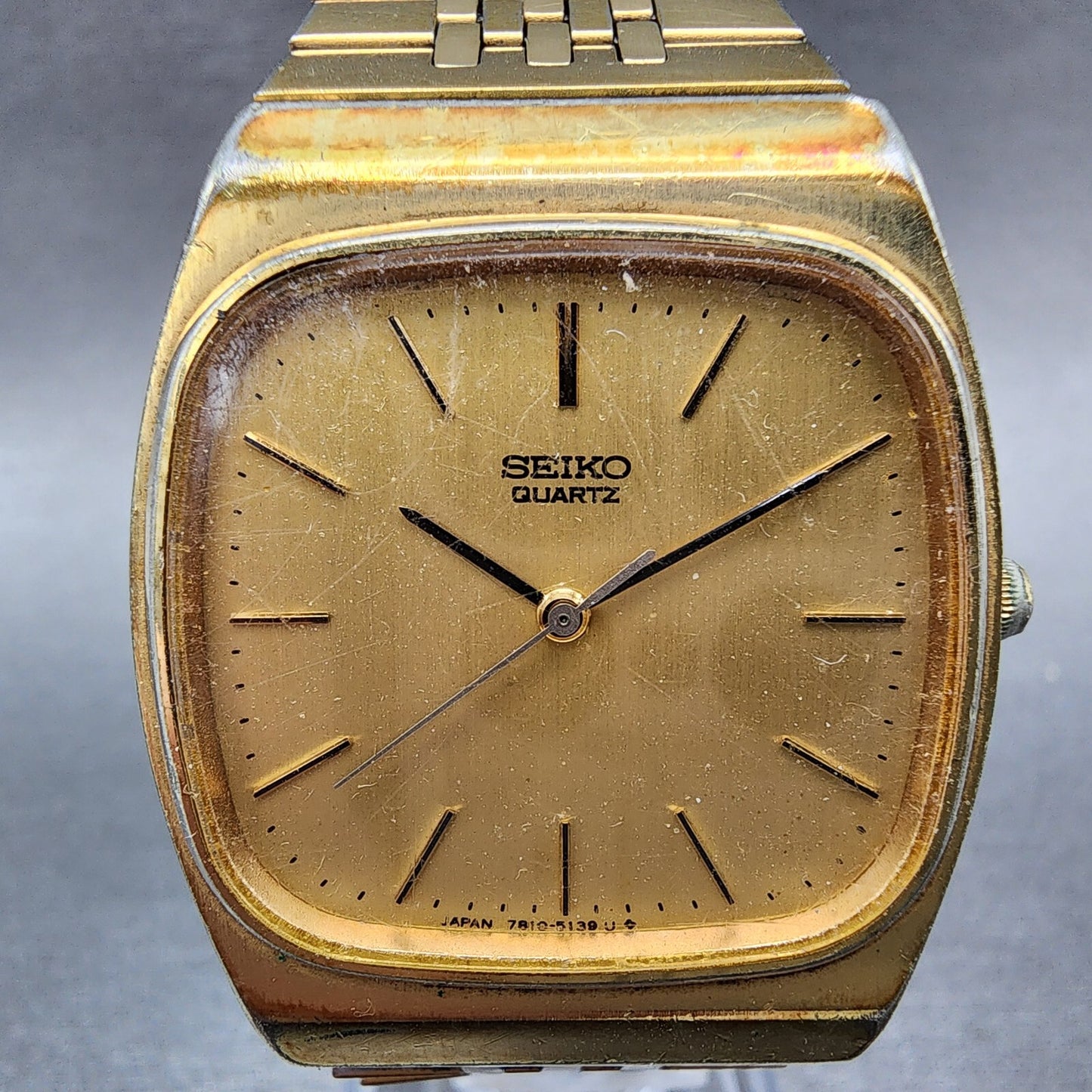 Seiko Watch Men 32mm Gold Dial Gold Tone Rectangle 7810-5139 New Battery