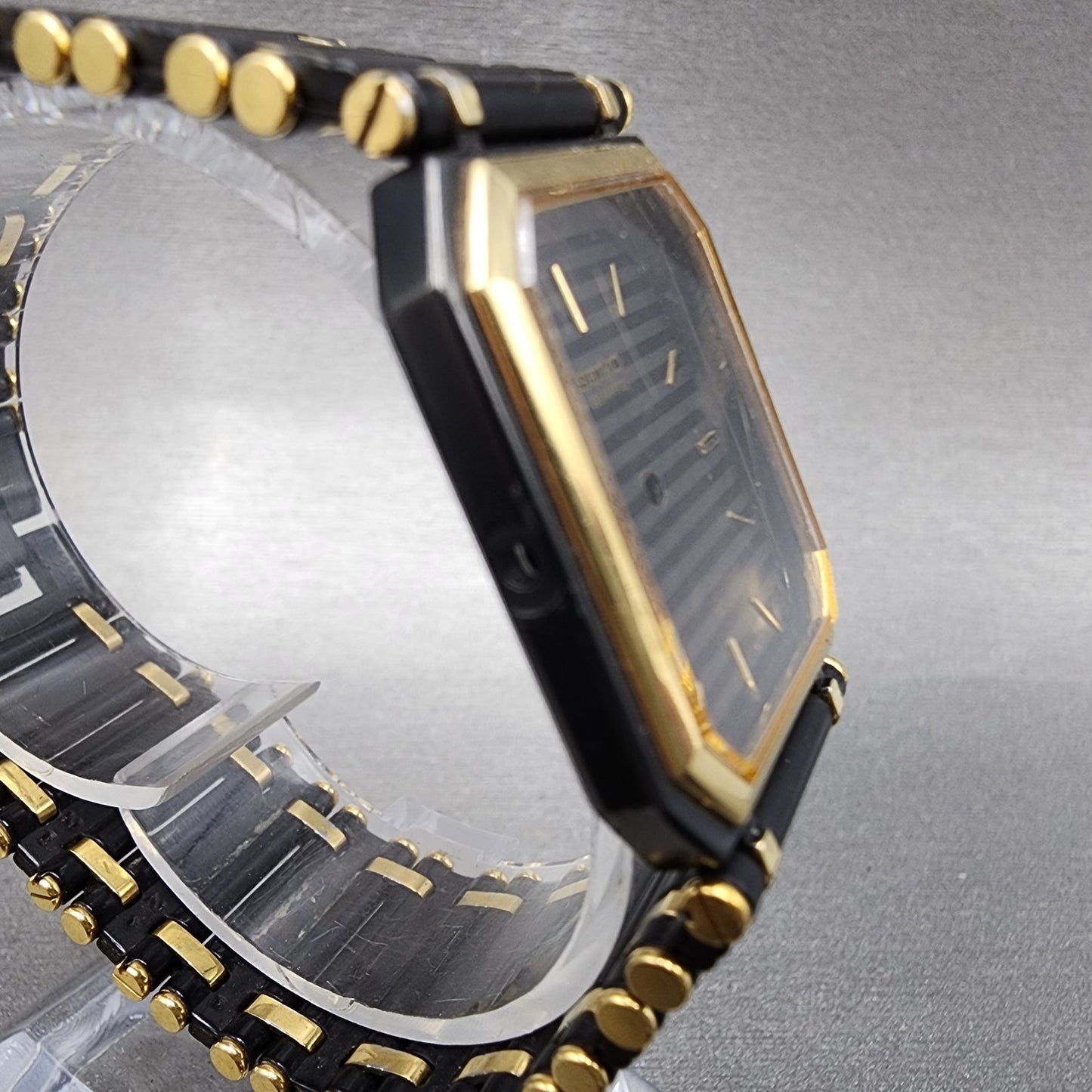 Seiko Tank Watch Men 24mm Black DIal Black & Gold Tone Octagon 7430-5810 PARTS