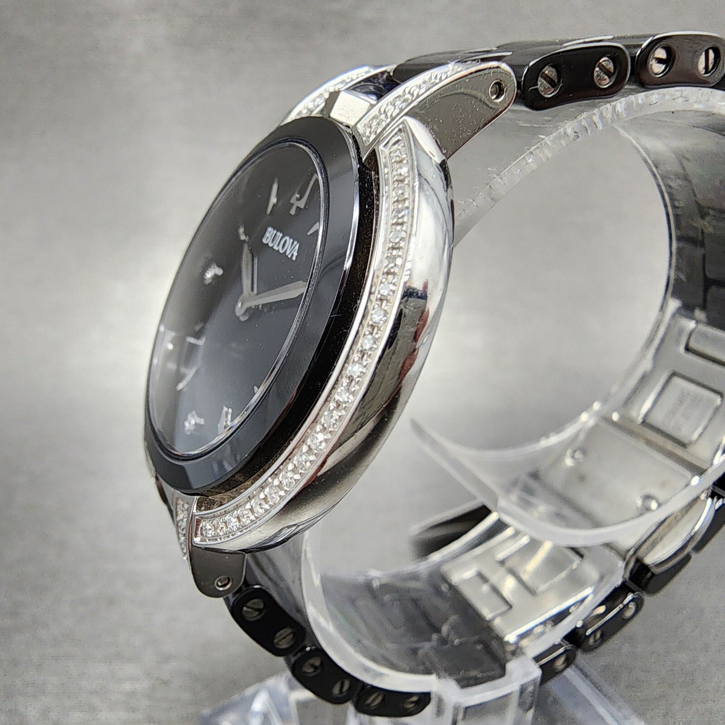 Bulova Rubaiyat Watch Women 35mm Black Dial Black Ceramic Diamond Bezel 98R266 B