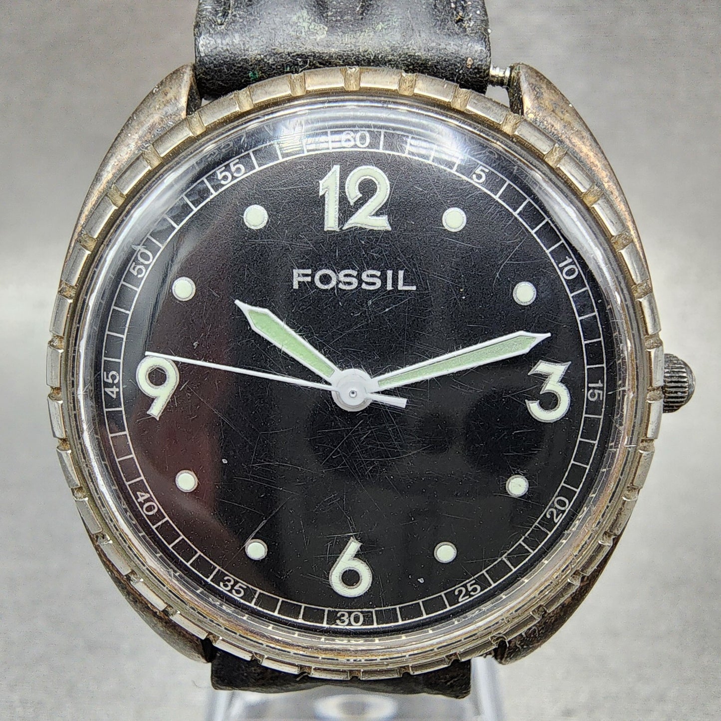 Fossil Watch Men 35mm Black Dial Silver Tone Round VT-2420 New Battery