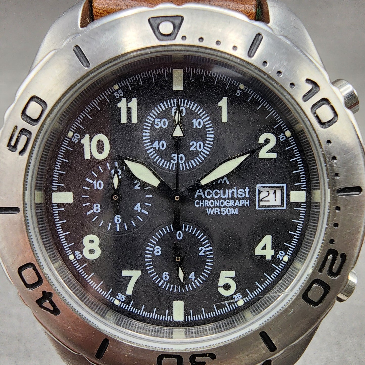 Accurist Chronograph Watch Men 41mm Black Dial Steel Date Round New Battery READ
