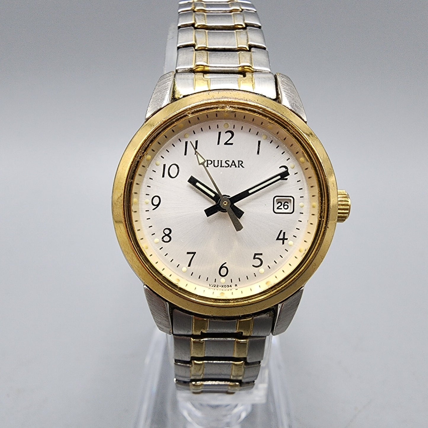 Pulsar Watch Women 22mm Silver Dial Two Tone Date Round VJ22-X025 New Battery