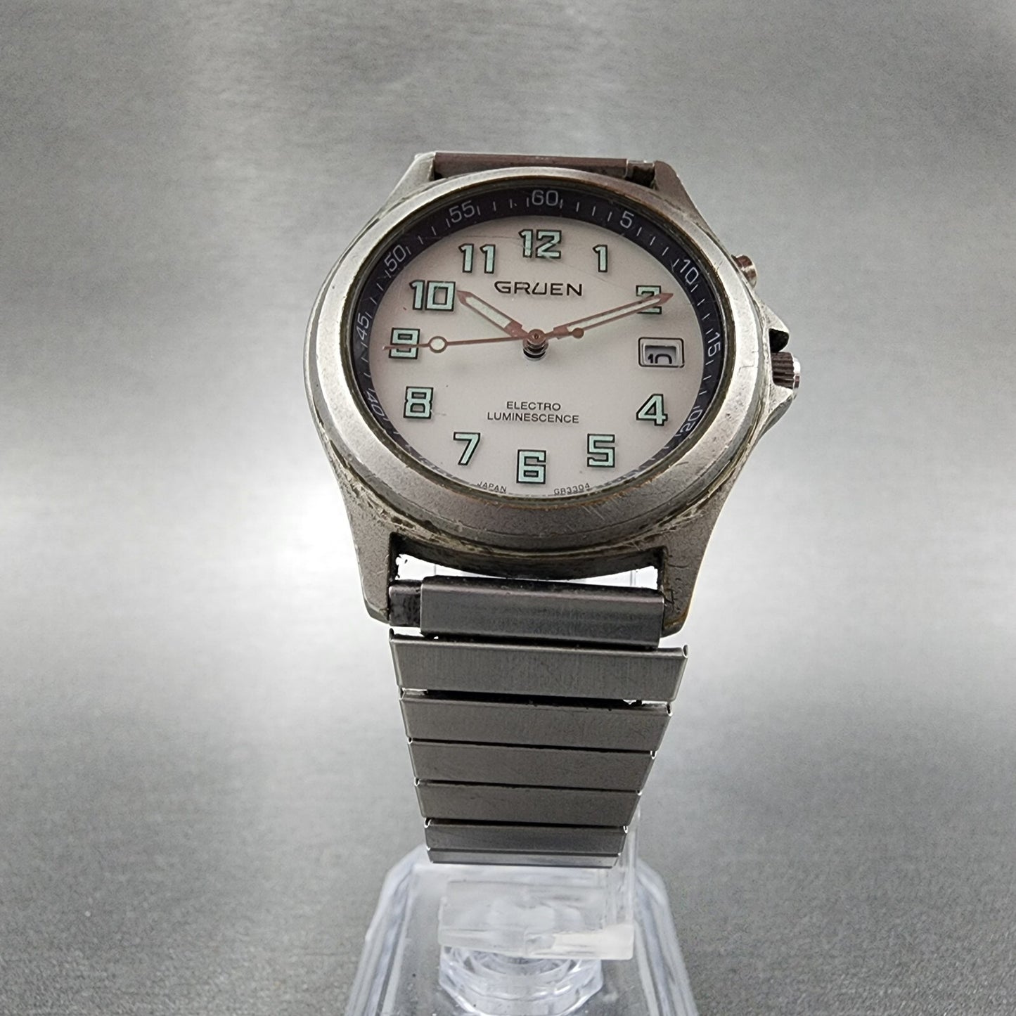 Gruen Watch Men 35mm White Dial Gray Tone Date backlight Round New Battery