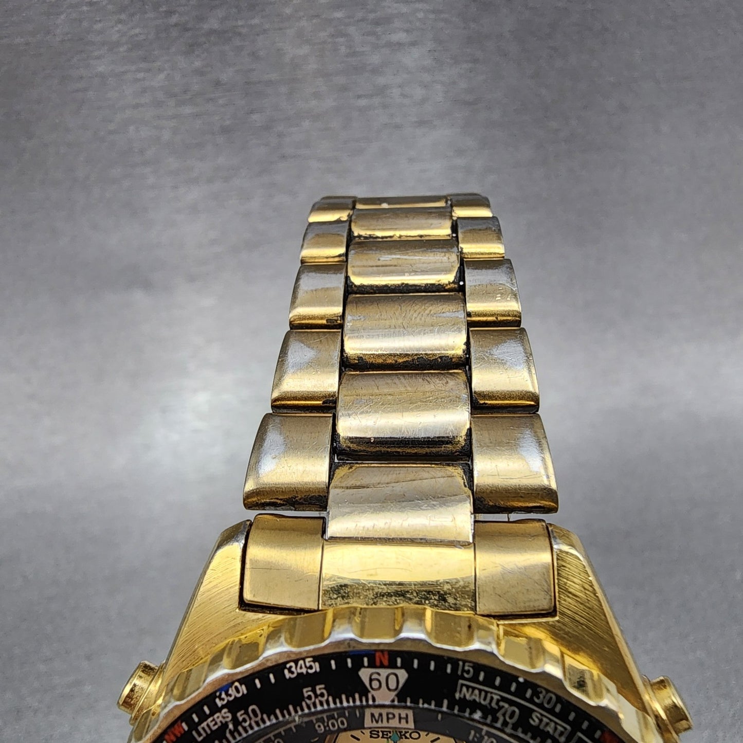 Seiko Flightmaster Chronograph Watch Men 41mm Black Dial Gold Tone READ New Batt