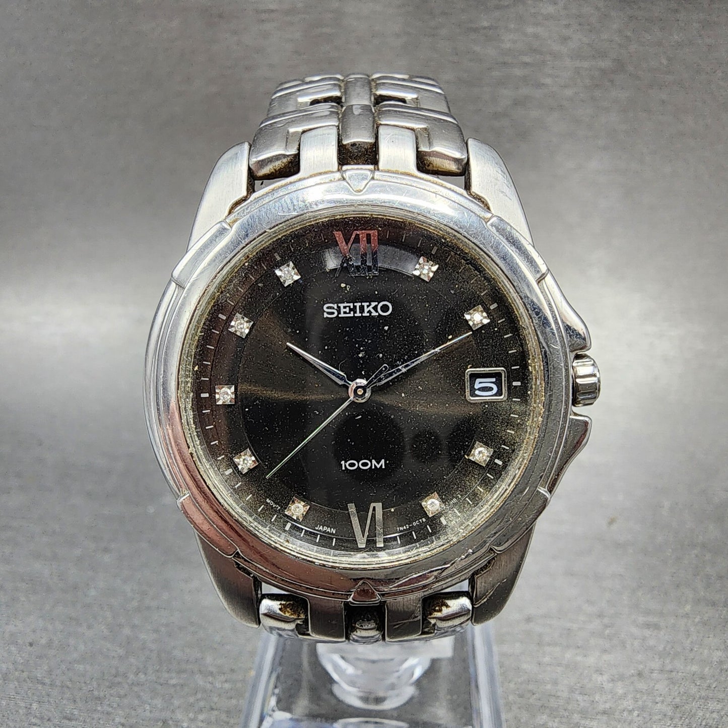 Seiko Watch Men 36mm Black Dial Silver Tone Date Round 7n42-0am0 New Battery