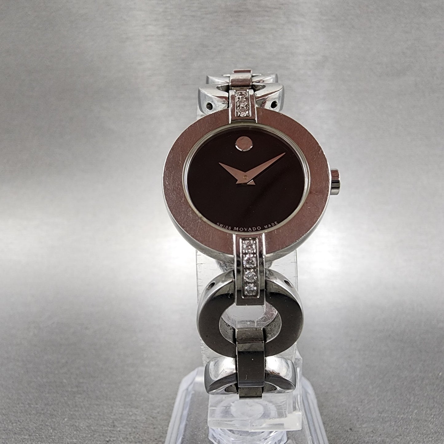 Movado Belamoda Watch Women 25mm Black Dial Steel Diamond Round New Battery