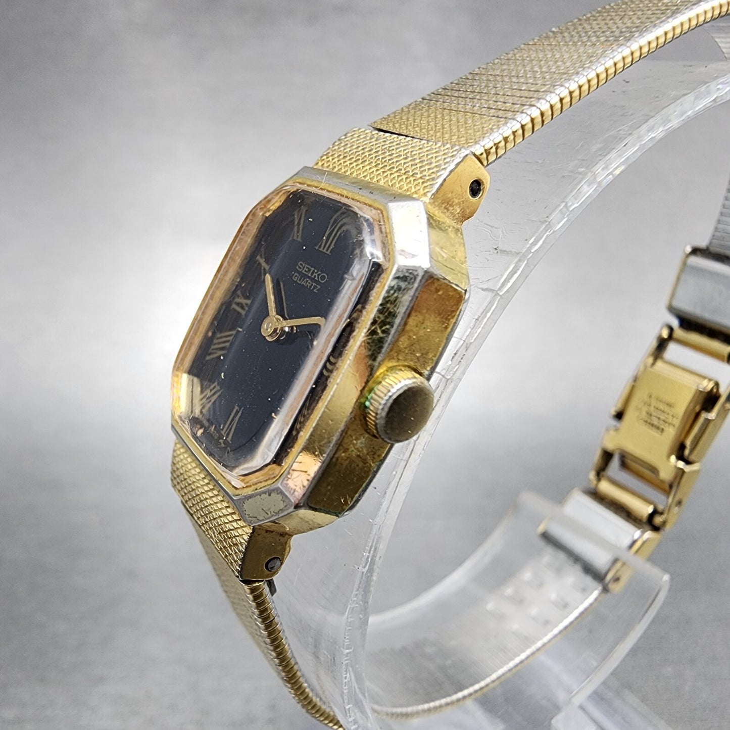 VTG Seiko Watch Women 17mm Black Dial Gold Tone Octagon 2B20-5019 New Battery
