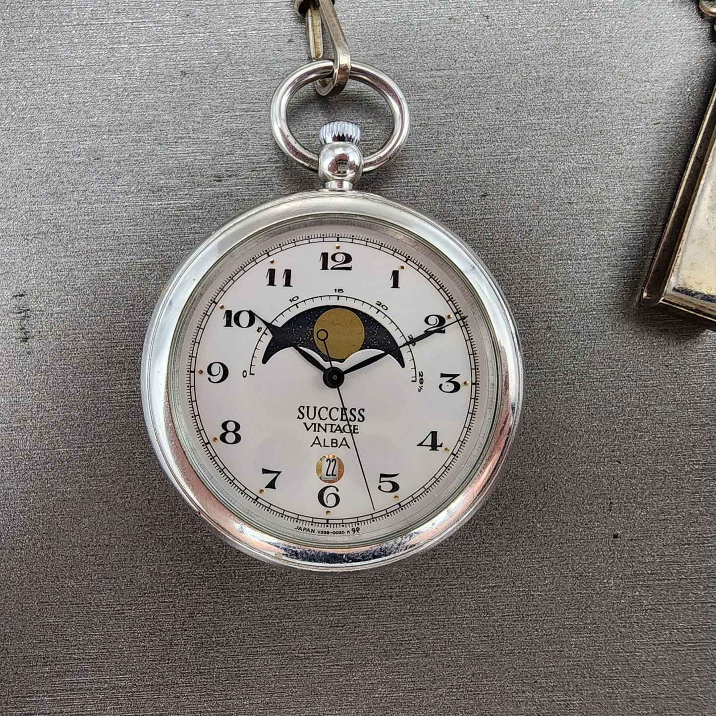 ALBA Success Pocket Watch Men 40mm White Dial Steel Moonphase Date New Battery