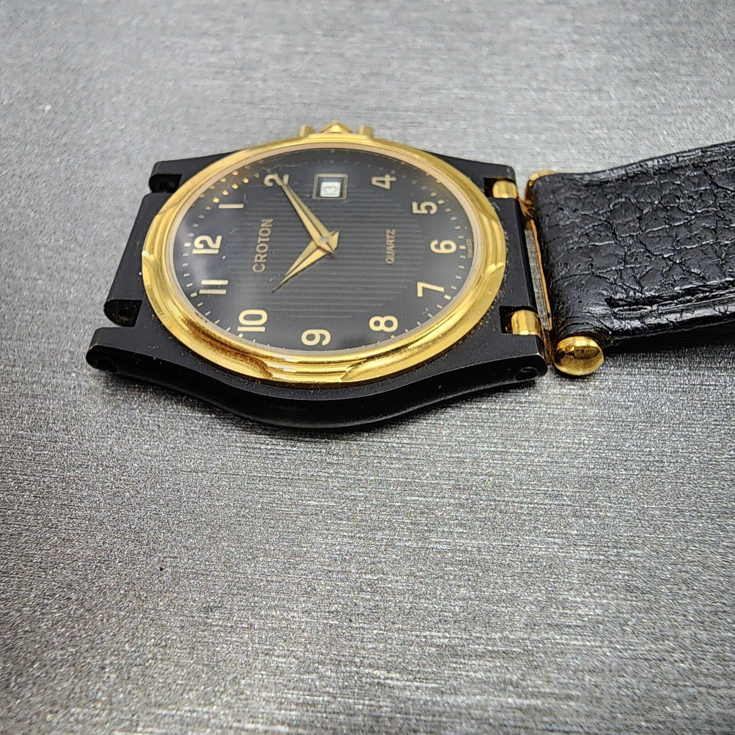NOS Croton Watch Women 30mm Black Dial Black Tone Date Round New Battery