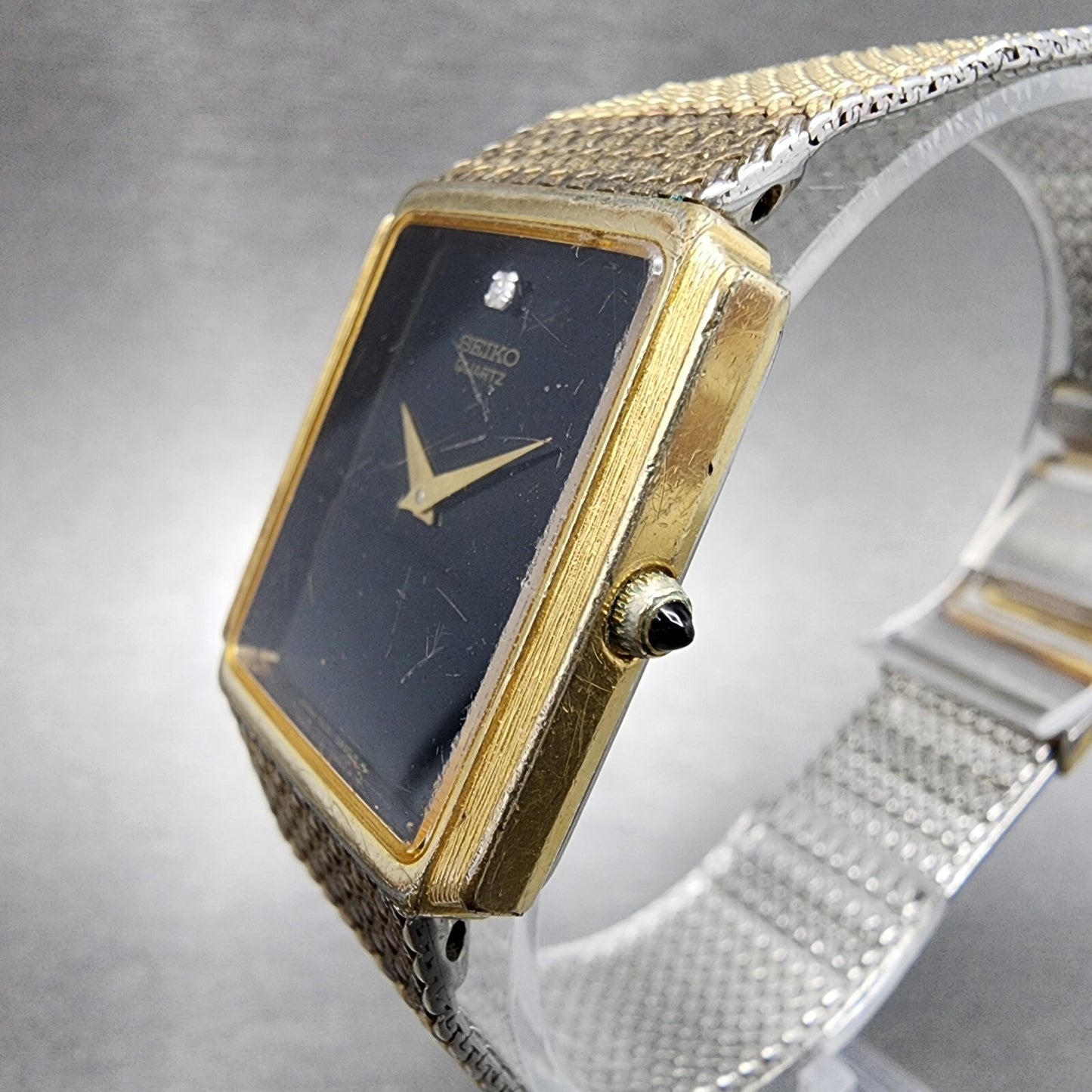 Seiko Tank Watch Men 25mm Black Dial Gold Tone Rectangle 7430-5499 New Batt
