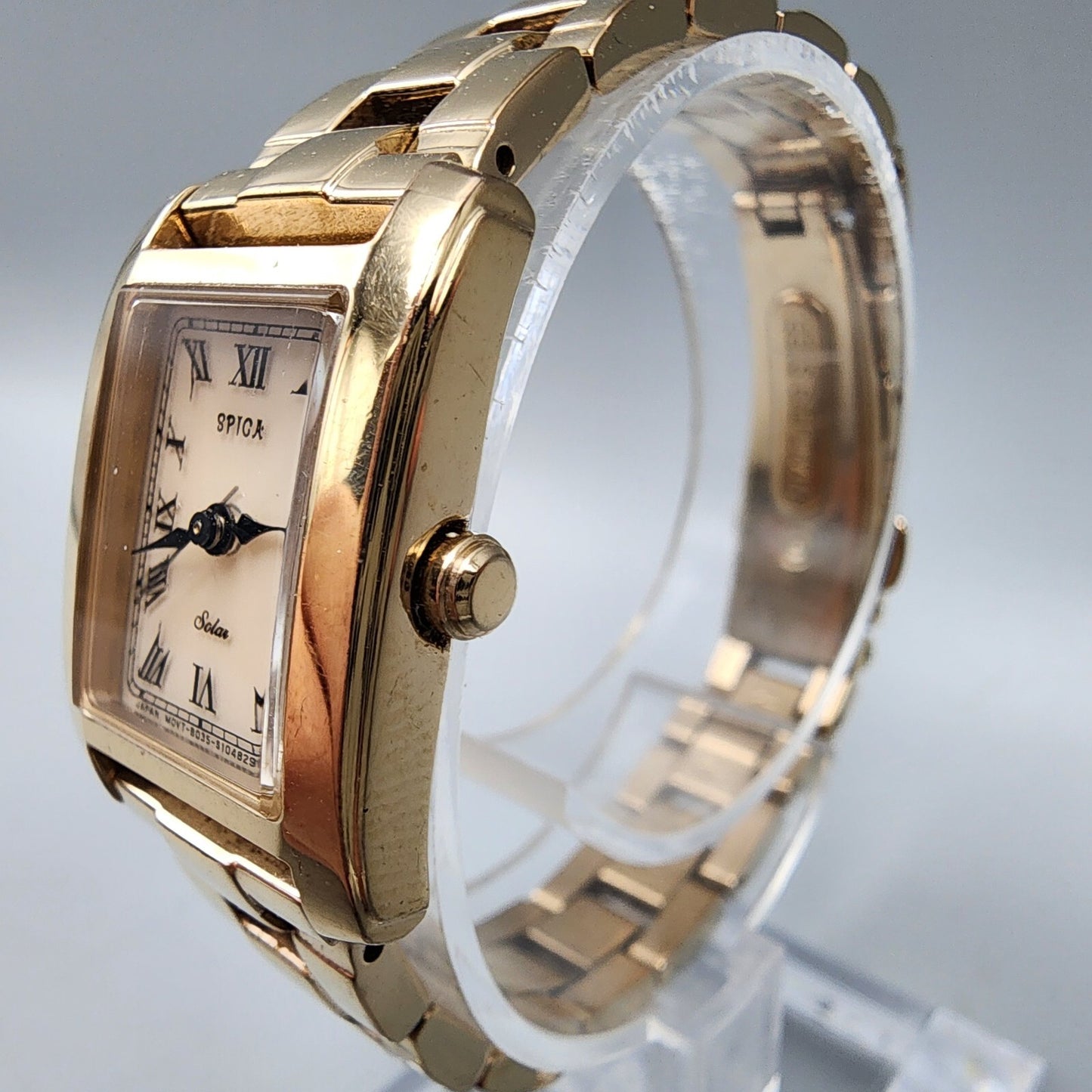Spica Tic Tac Watch Women Rose Gold Tone Cream Dial Solar 19mm Rectangle Works