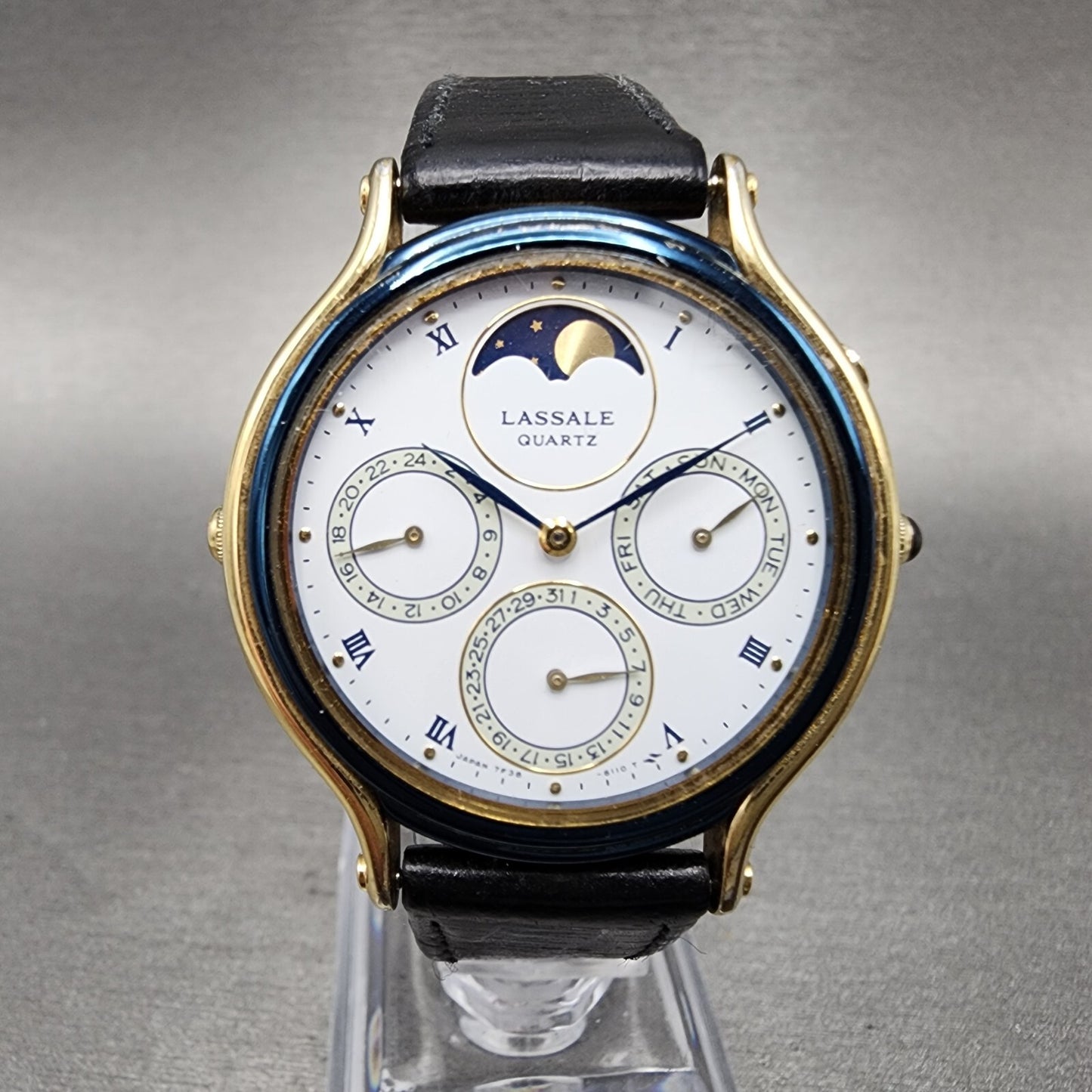Seiko Lassale Moonphase Watch Men 34mm White Dial Gold Tone Daydate Round Newbat