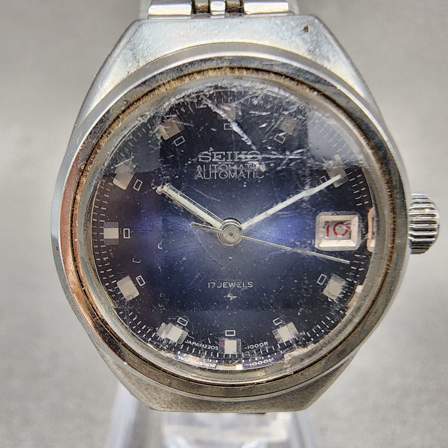 Seiko Automatic Watch Women 25mm Blue Dial Silver Tone Date 2205-0520 Runs