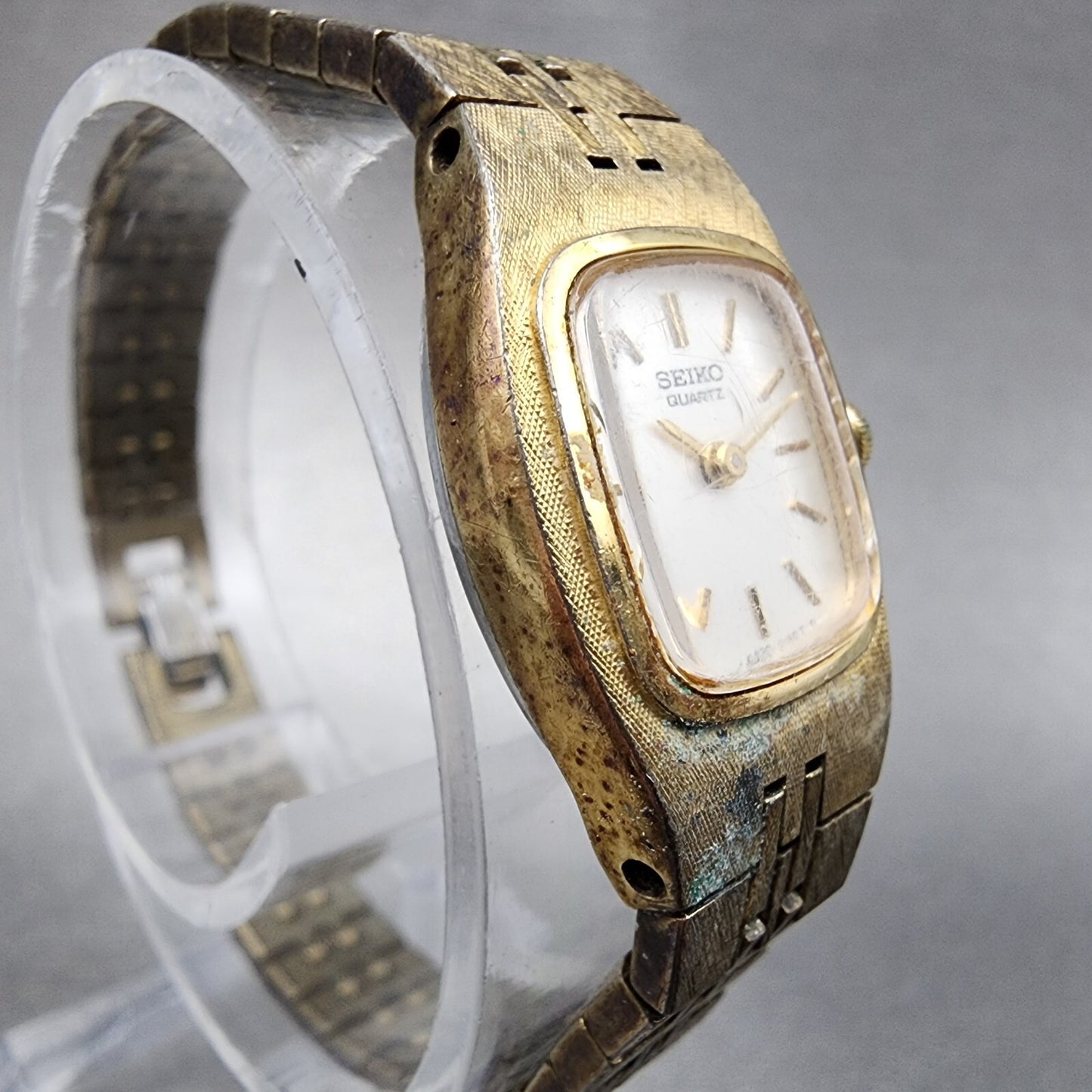 VTG Seiko Watch Women 17mm Silver Dial Gold Tone Rectangle 5420-5060 New Battery