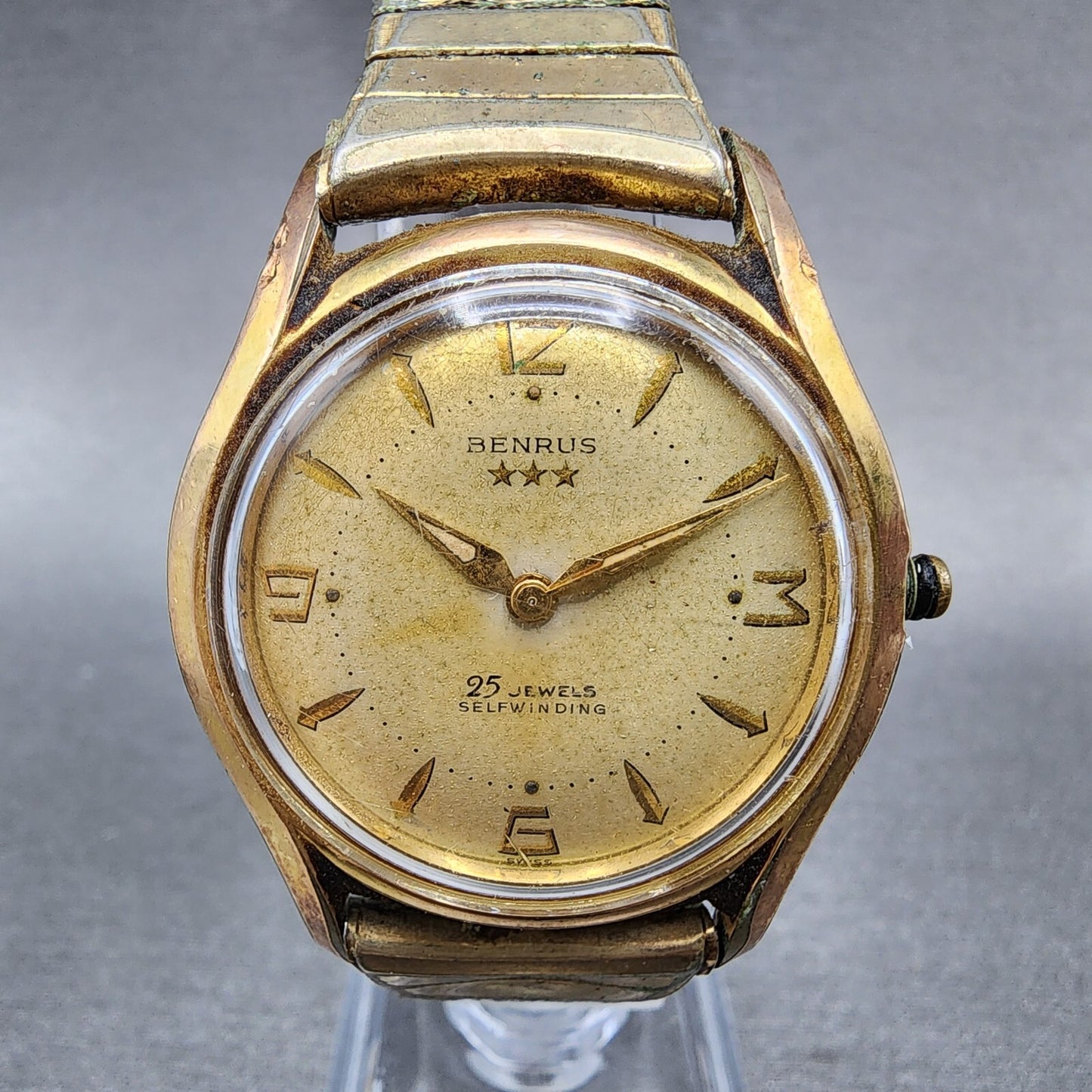 Benrus Three Star Automatic 25 Jewels Watch Men 34mm Cream Dial Gold Tone PARTS