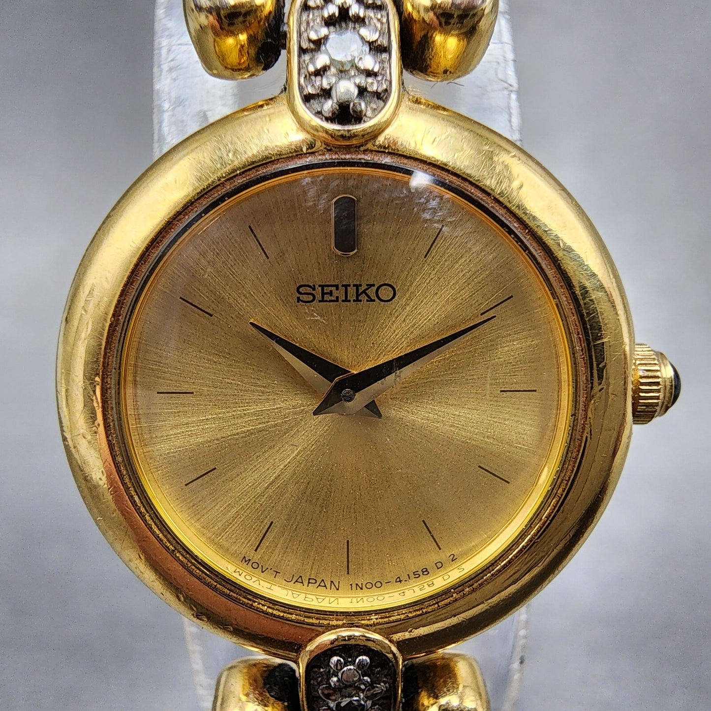 Seiko Watch Women 20mm Gold Dial Gold Tone Diamond Round 1N00-1C99 New Batt VTG