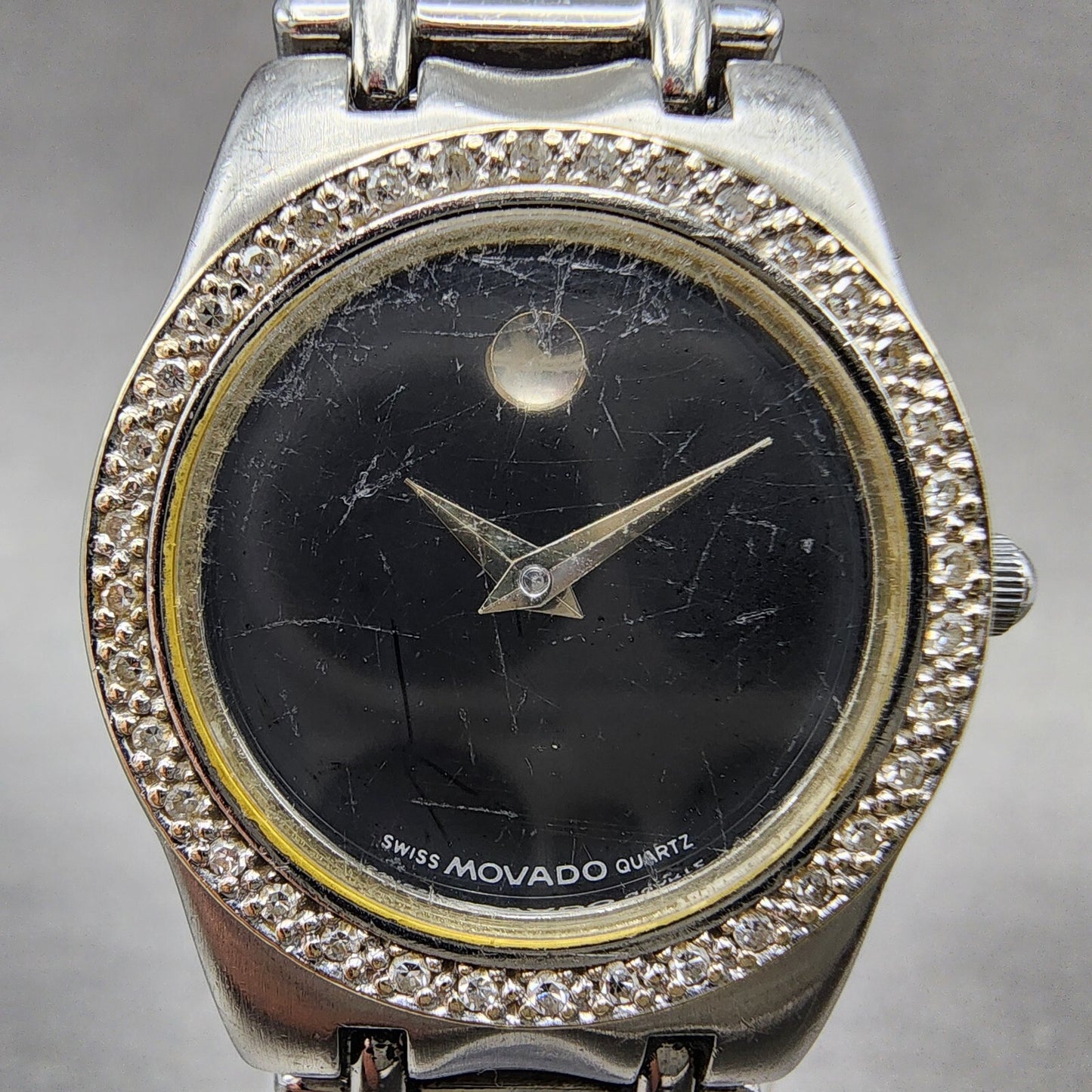Movado Museum Watch Women 24mm Black Dial Steel Diamond Bezel New Battery